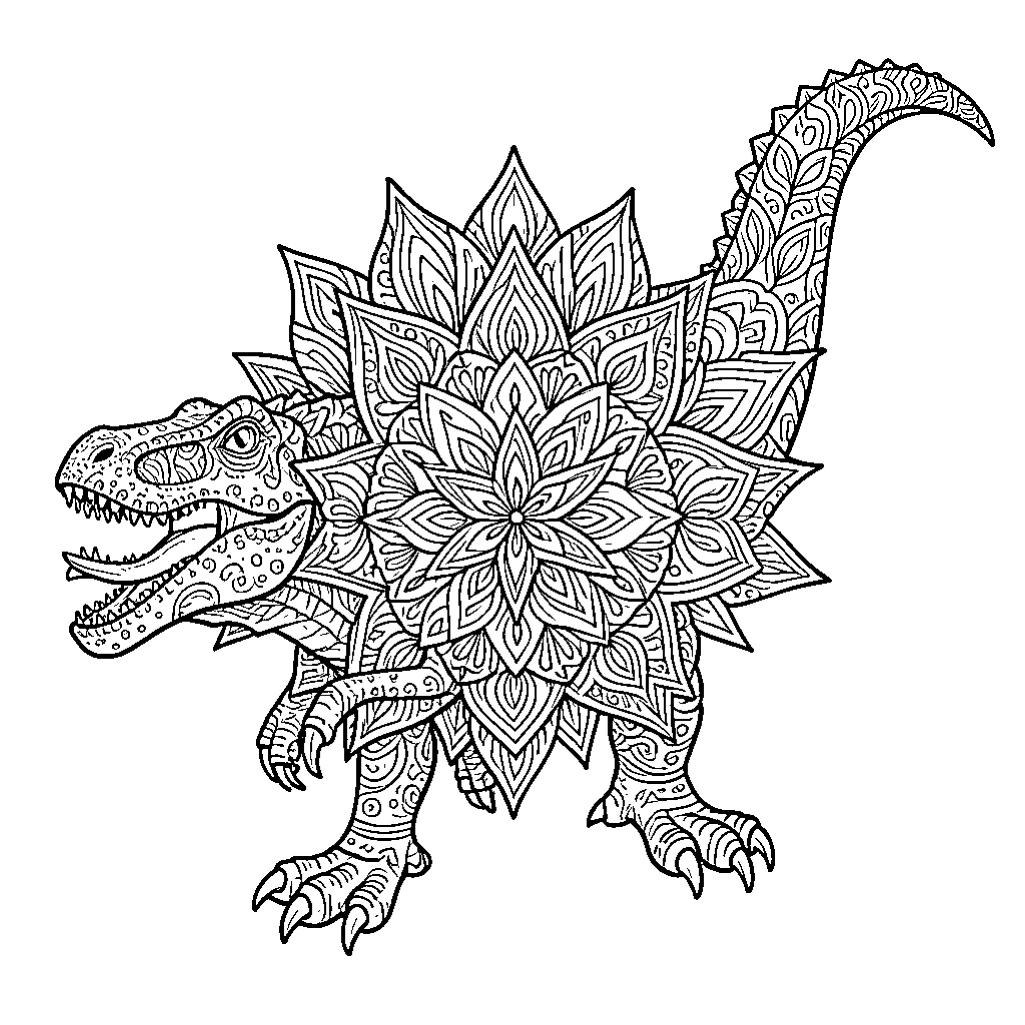 Spinosaurus standing proudly with intricate floral patterns Coloring Page (free black-and-white line drawing printable PDF for all, from beginners to advanced learners, including children, teens, adults, and seniors)
