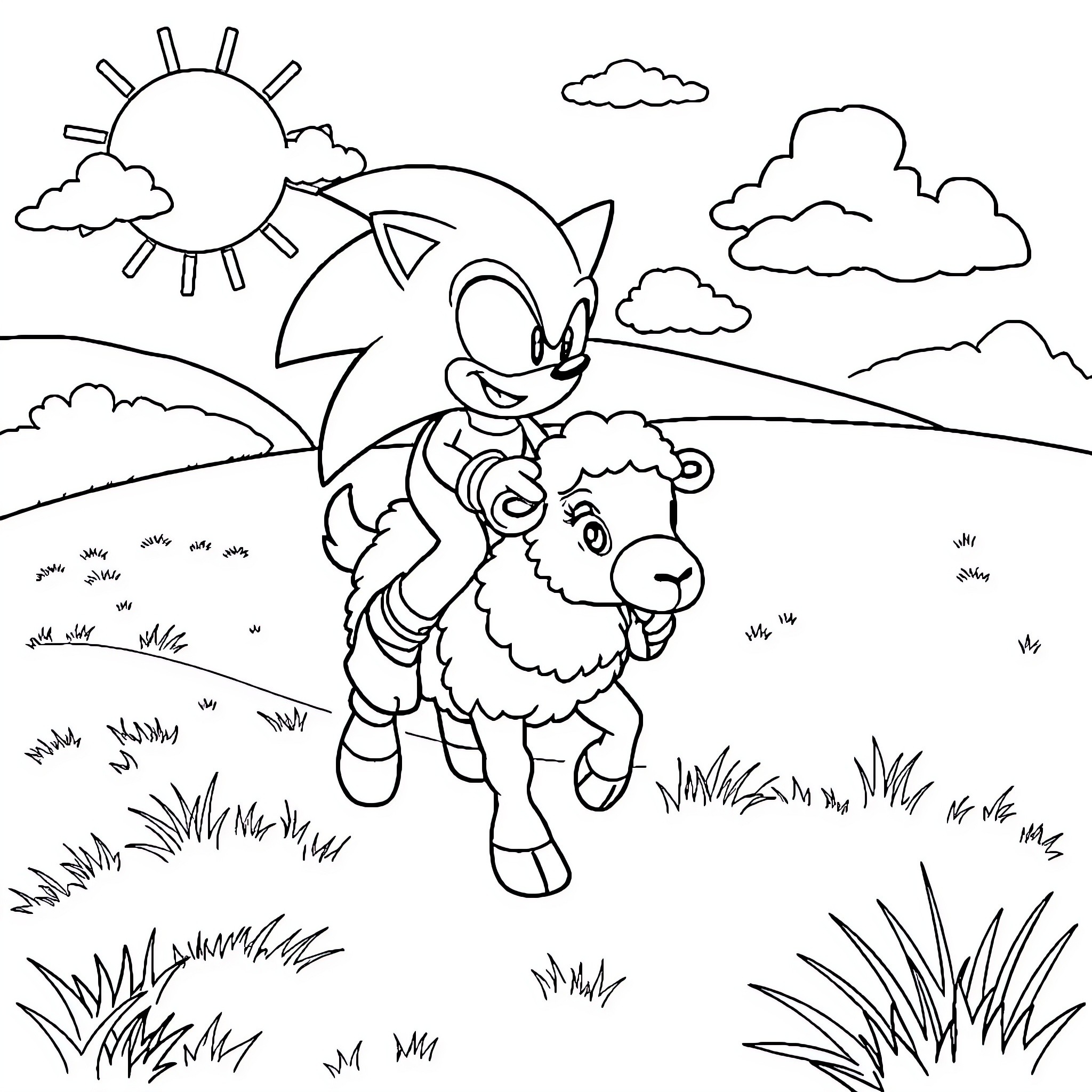 Sonic enjoying a sunny day with a goat Coloring Page (free black-and-white line drawing printable PDF for all, from beginners to advanced learners, including children, teens, adults, and seniors)