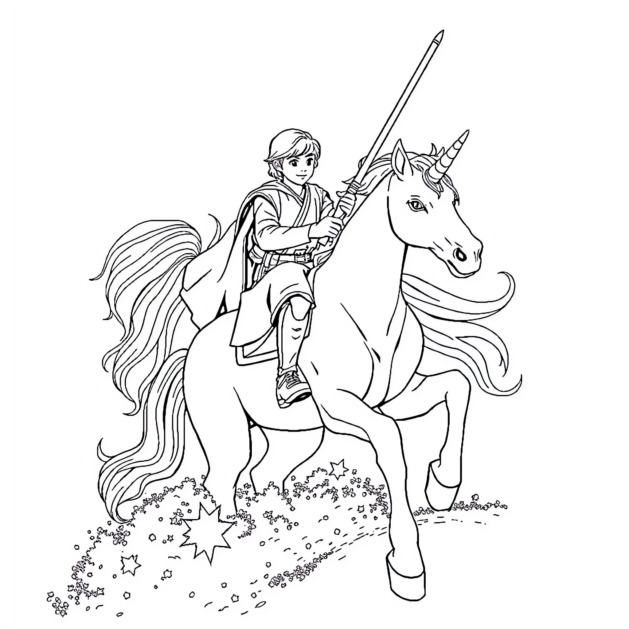 Luke Skywalker riding a magical unicorn Coloring Page (free black-and-white line drawing printable PDF for all, from beginners to advanced learners, including children, teens, adults, and seniors)