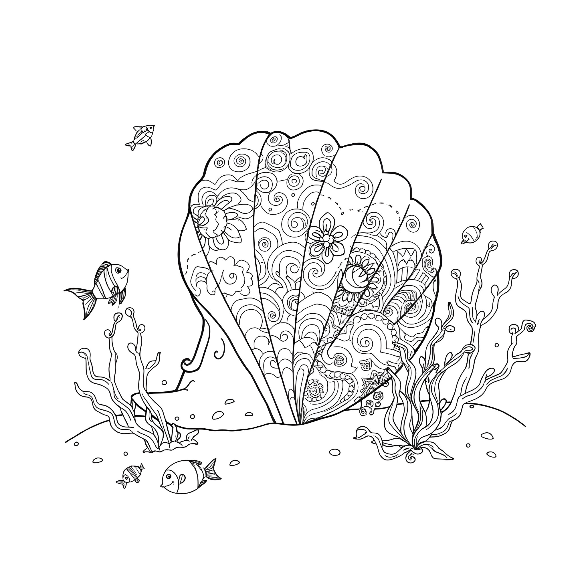 Seashell with intricate floral patterns and marine life Coloring Page (free black-and-white line drawing printable PDF for all, from beginners to advanced learners, including children, teens, adults, and seniors)