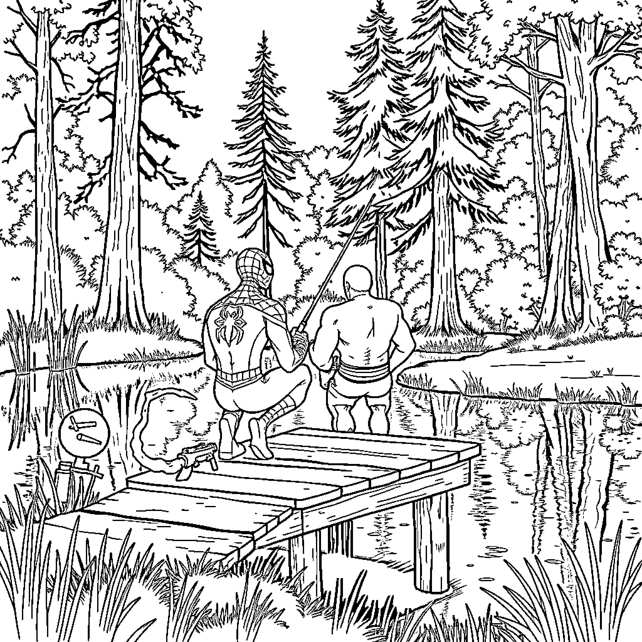 Spiderman and friends enjoying a peaceful forest scene Coloring Page (free black-and-white line drawing printable PDF for all, from beginners to advanced learners, including children, teens, adults, and seniors)