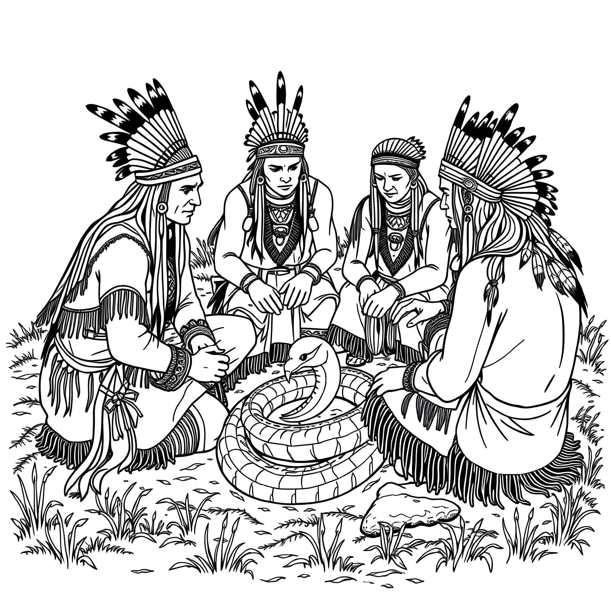 Cherokee Warriors in Traditional Ceremonial Attire Coloring Page (free black-and-white line drawing printable PDF for all, from beginners to advanced learners, including children, teens, adults, and seniors)
