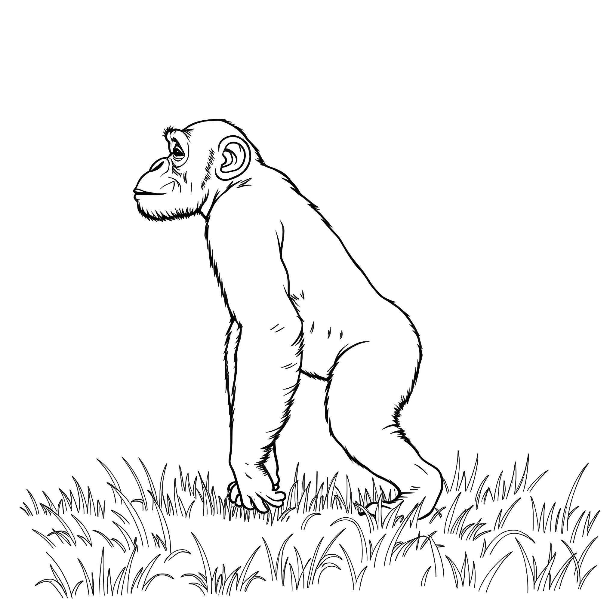 Chimpanzee walking cautiously through tall grass Coloring Page (free black-and-white line drawing printable PDF for all, from beginners to advanced learners, including children, teens, adults, and seniors)