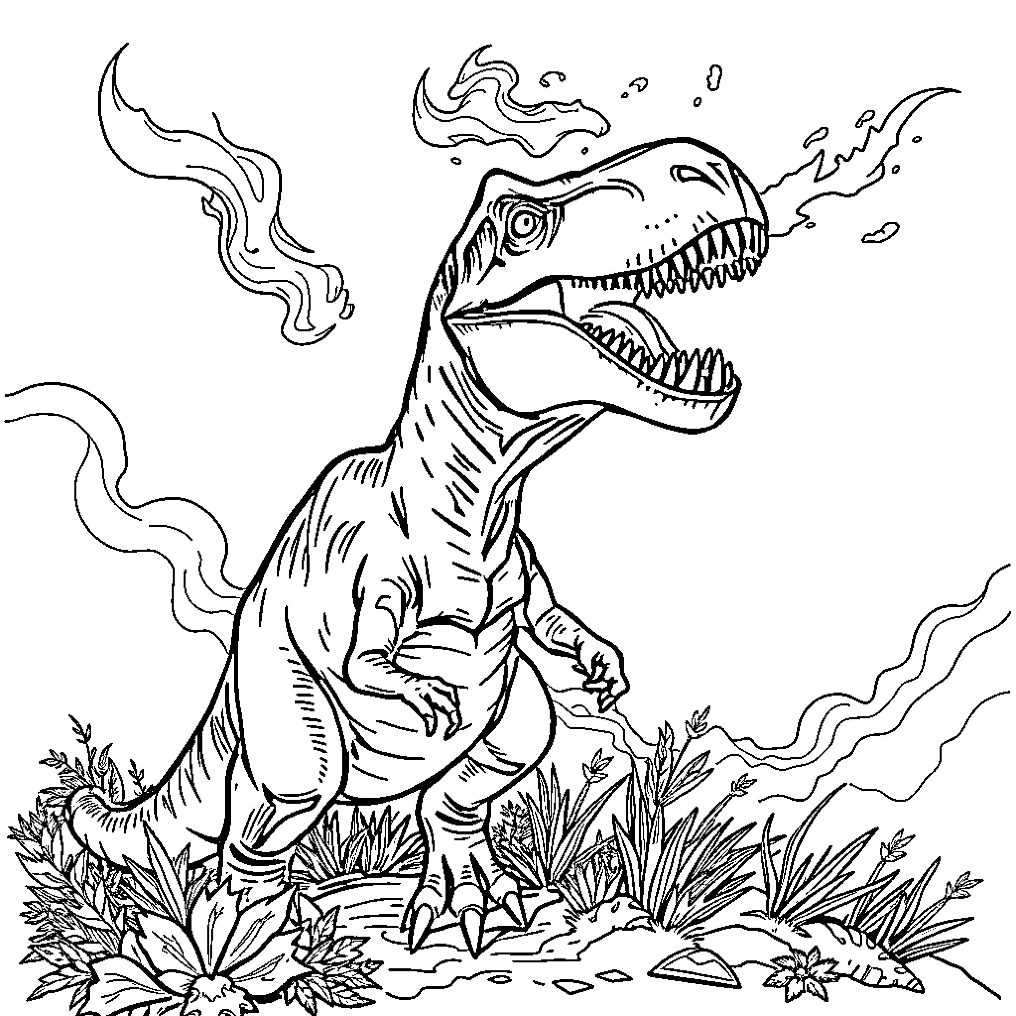 Dinosaur emerging from prehistoric foliage Coloring Page (free black-and-white line drawing printable PDF for all, from beginners to advanced learners, including children, teens, adults, and seniors)