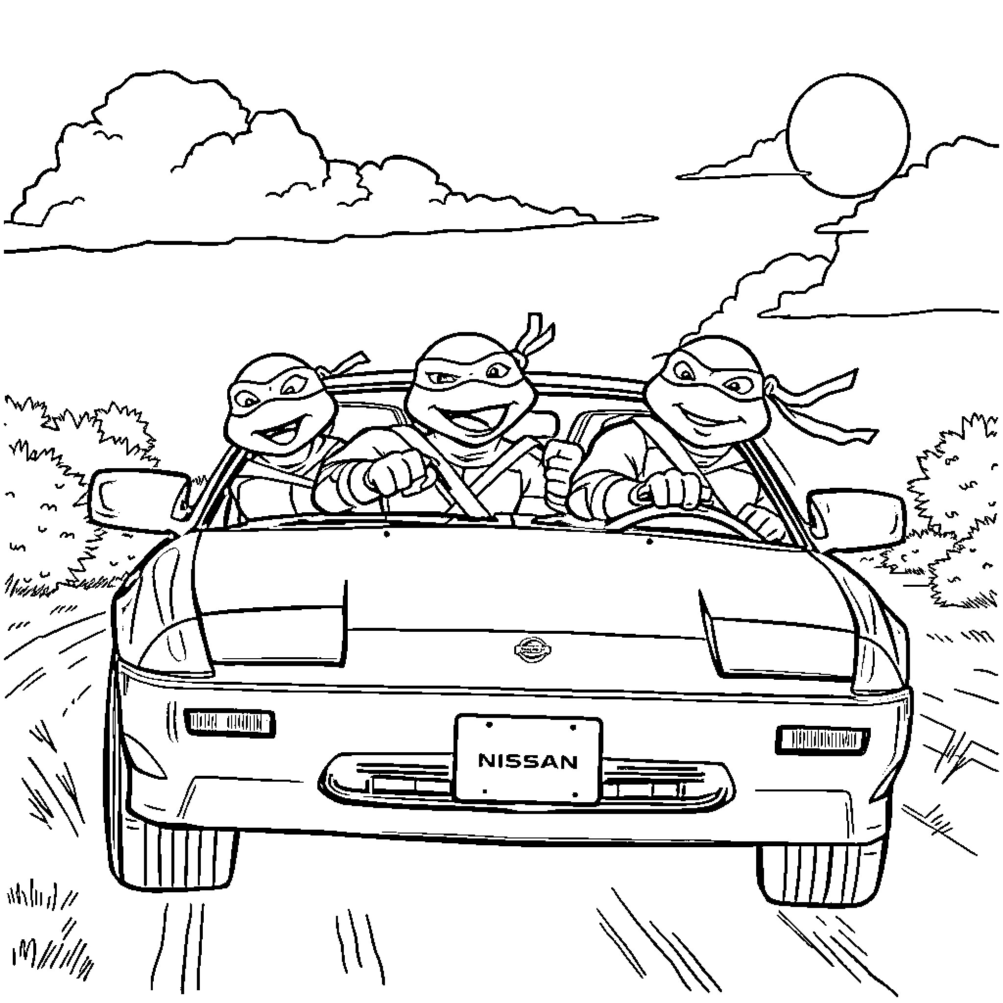 TMNT ninja turtles driving a car in the countryside Coloring Page (free black-and-white line drawing printable PDF for all, from beginners to advanced learners, including children, teens, adults, and seniors)