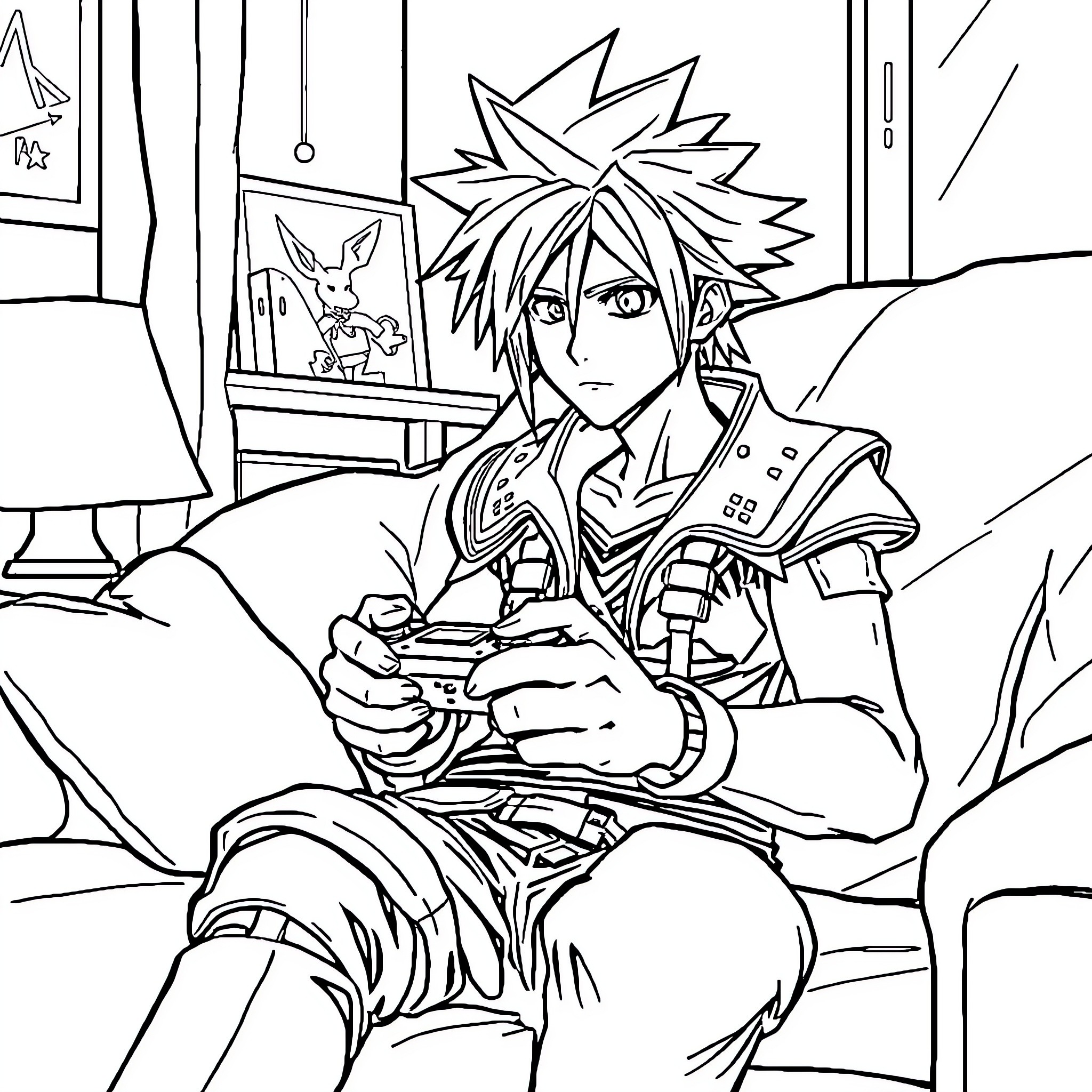 Cloud Strife's Intense Video Game Session Coloring Page (free black-and-white line drawing printable PDF for all, from beginners to advanced learners, including children, teens, adults, and seniors)
