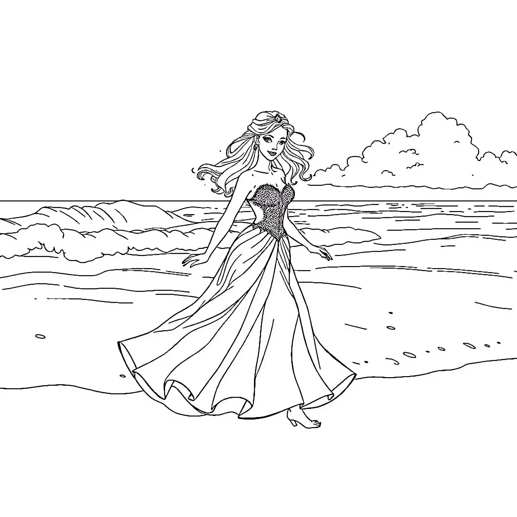 Princess enjoying a peaceful beach stroll Coloring Page (free black-and-white line drawing printable PDF for all, from beginners to advanced learners, including children, teens, adults, and seniors)