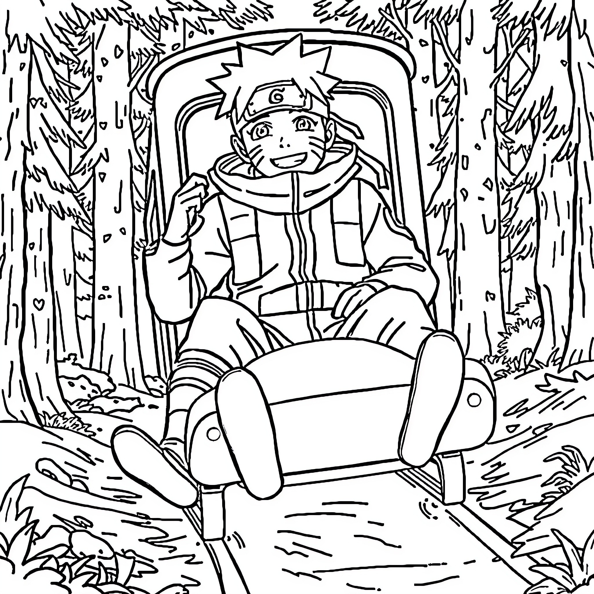 Naruto exploring the forest on a cart Coloring Page (free black-and-white line drawing printable PDF for all, from beginners to advanced learners, including children, teens, adults, and seniors)