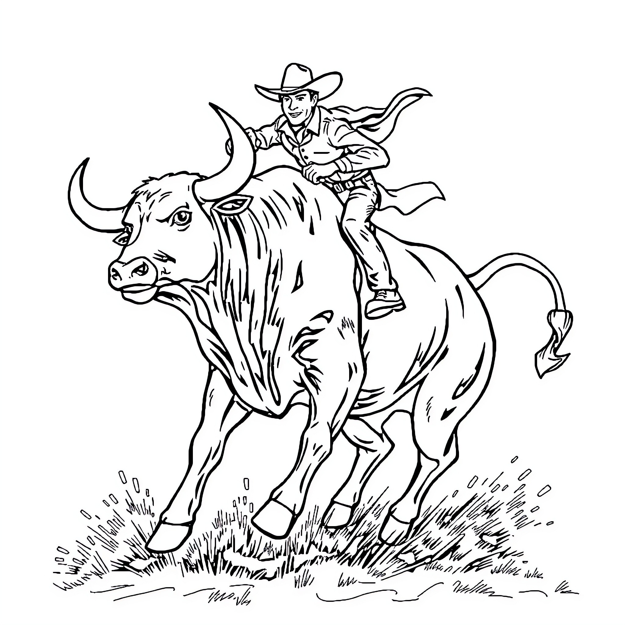 Bull Rider Cowboy Performing Dramatic Stunt Coloring Page (free black-and-white line drawing printable PDF for all, from beginners to advanced learners, including children, teens, adults, and seniors)