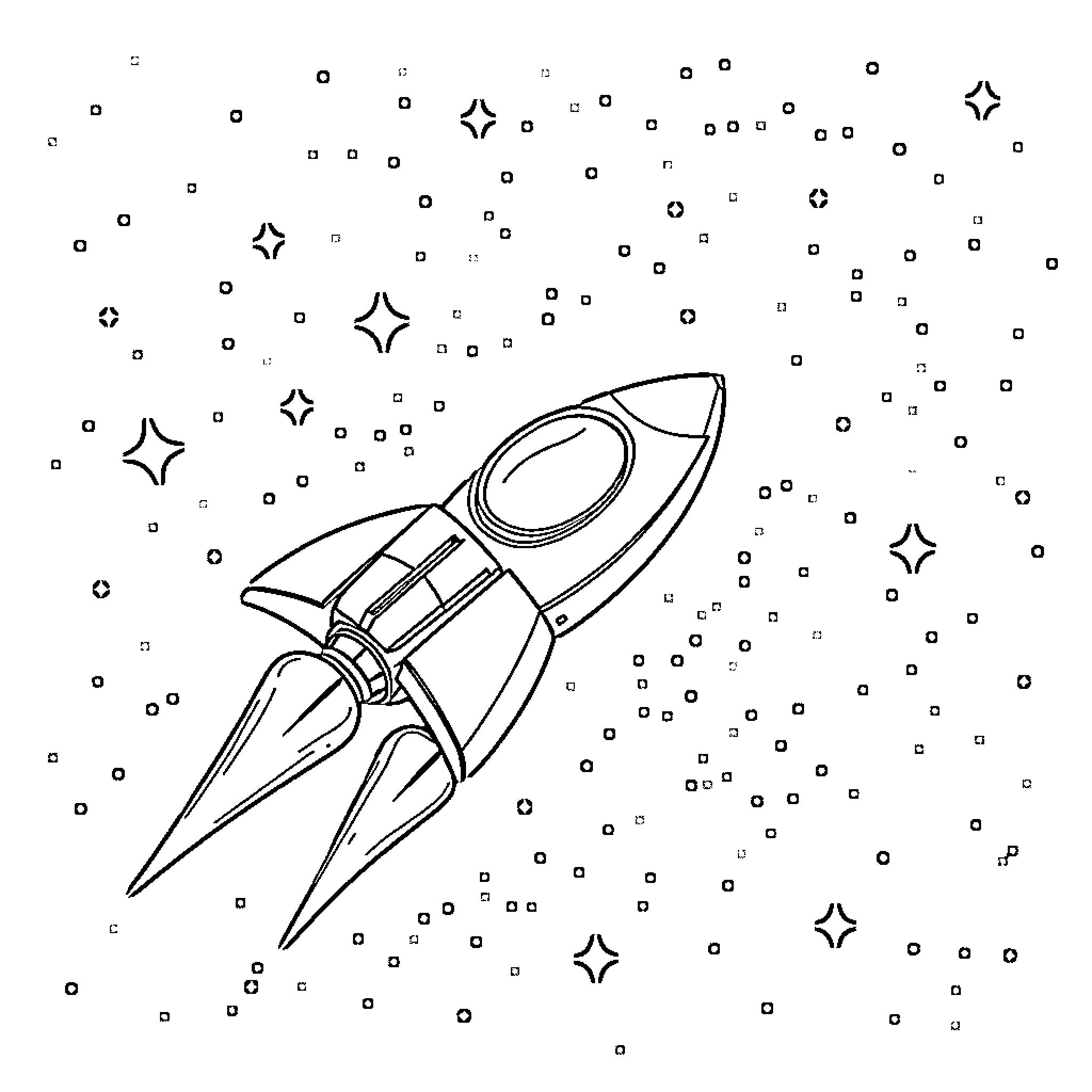 Spaceship soaring through the starry galaxy Coloring Page (free black-and-white line drawing printable PDF for all, from beginners to advanced learners, including children, teens, adults, and seniors)