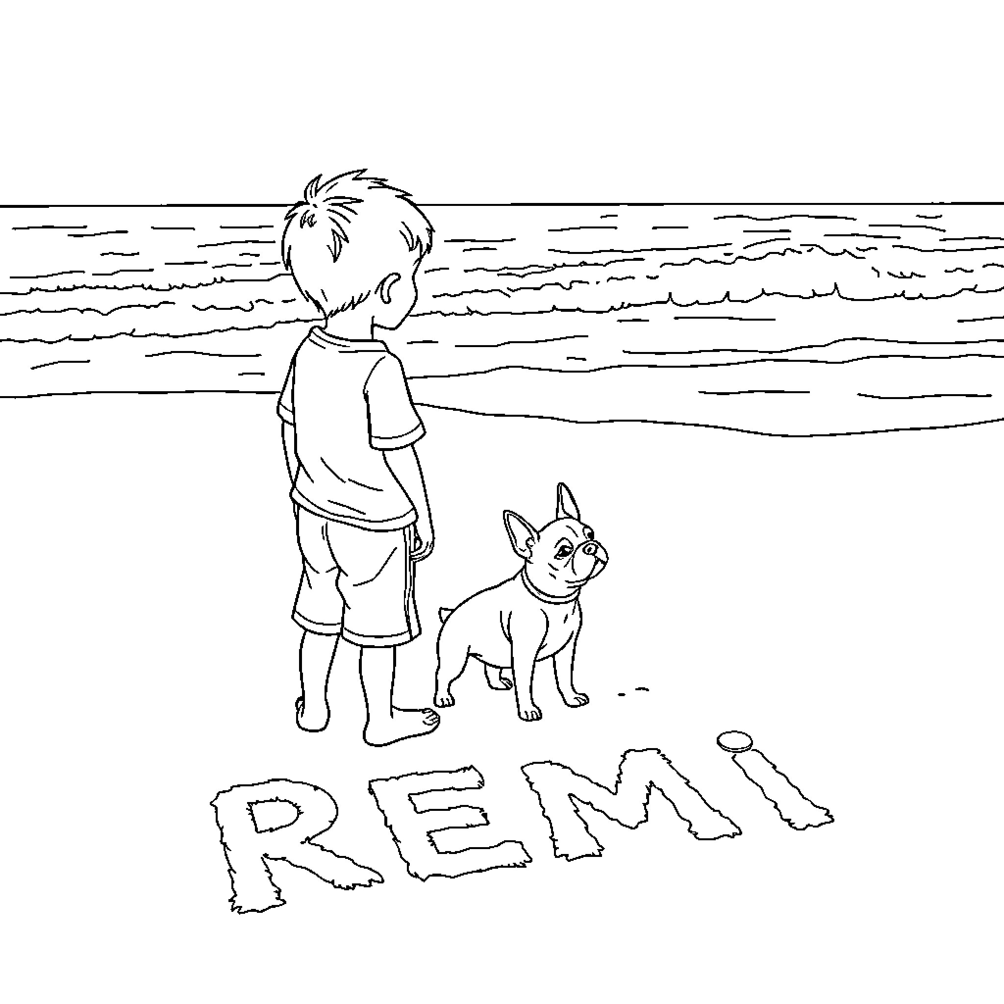 Boy and his dog exploring the beach Coloring Page (free black-and-white line drawing printable PDF for all, from beginners to advanced learners, including children, teens, adults, and seniors)