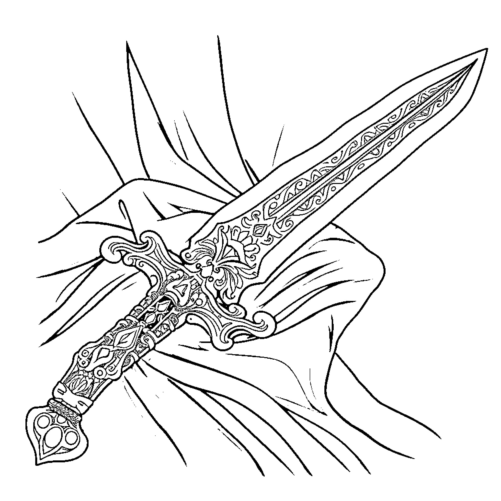 Imam Ali's Sword of Justice and Righteousness Coloring Page (free black-and-white line drawing printable PDF for all, from beginners to advanced learners, including children, teens, adults, and seniors)