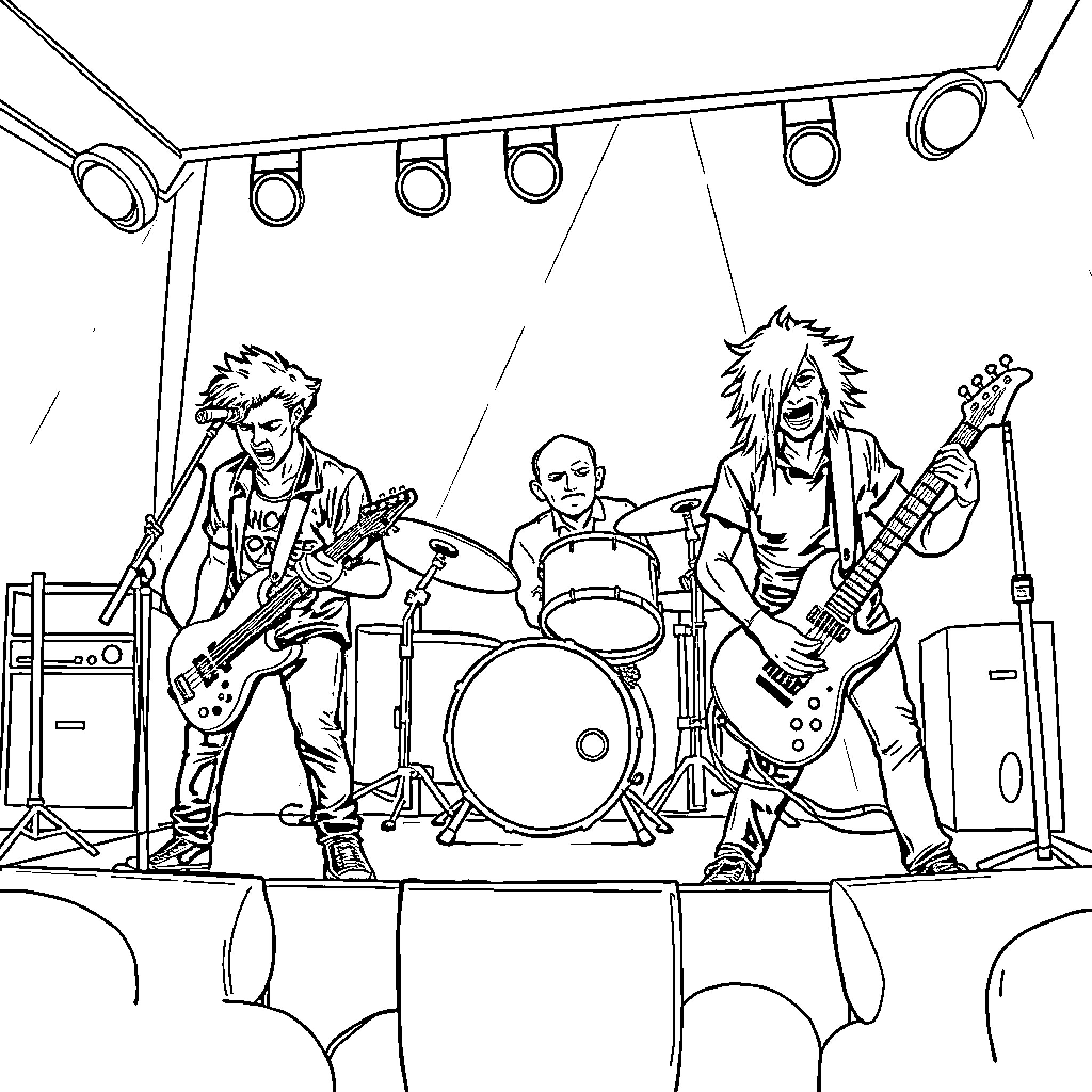 Punk Band Performing Energetically on Stage Coloring Page (free black-and-white line drawing printable PDF for all, from beginners to advanced learners, including children, teens, adults, and seniors)