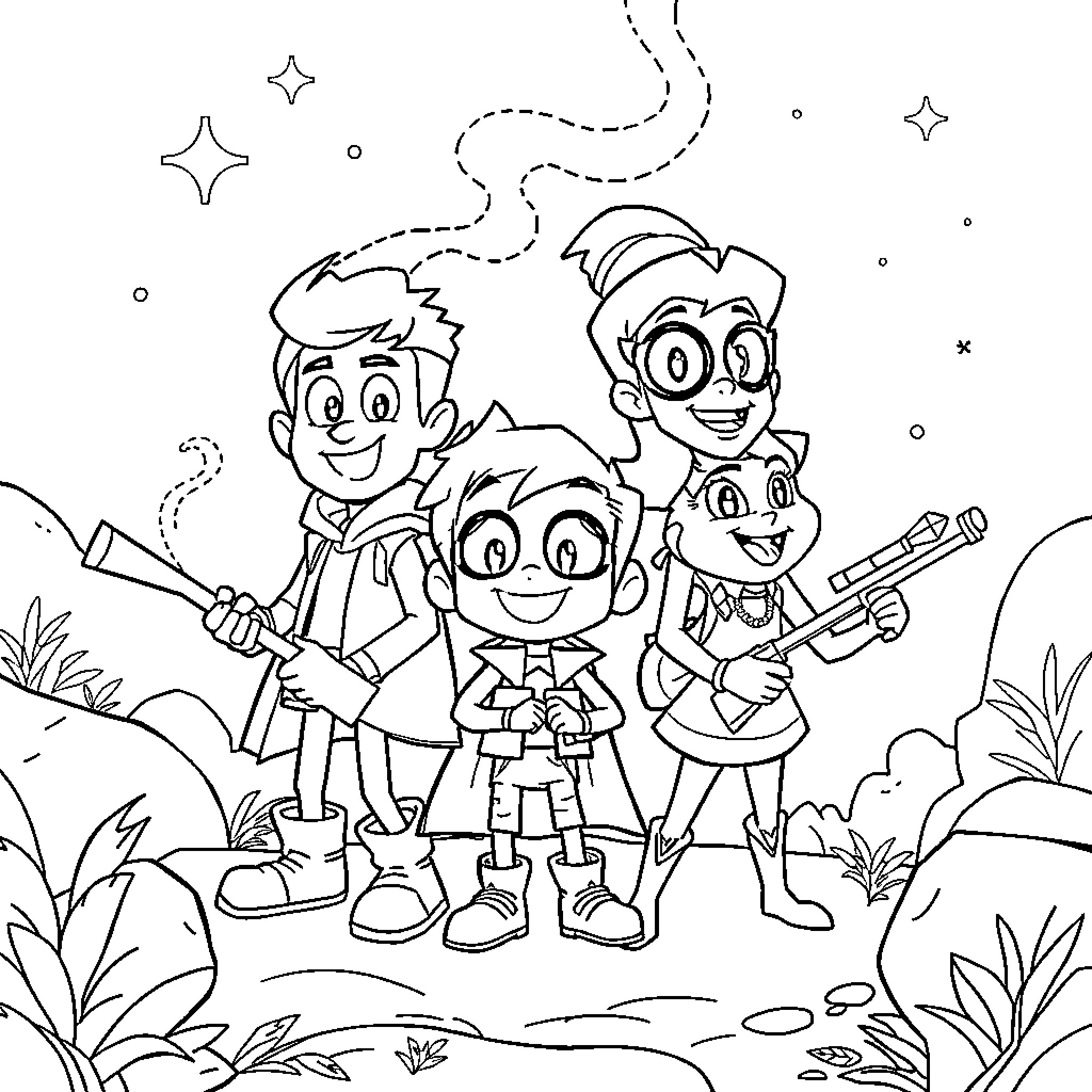 Los Padrinos Mágicos: Friends on an Adventure Coloring Page (free black-and-white line drawing printable PDF for all, from beginners to advanced learners, including children, teens, adults, and seniors)