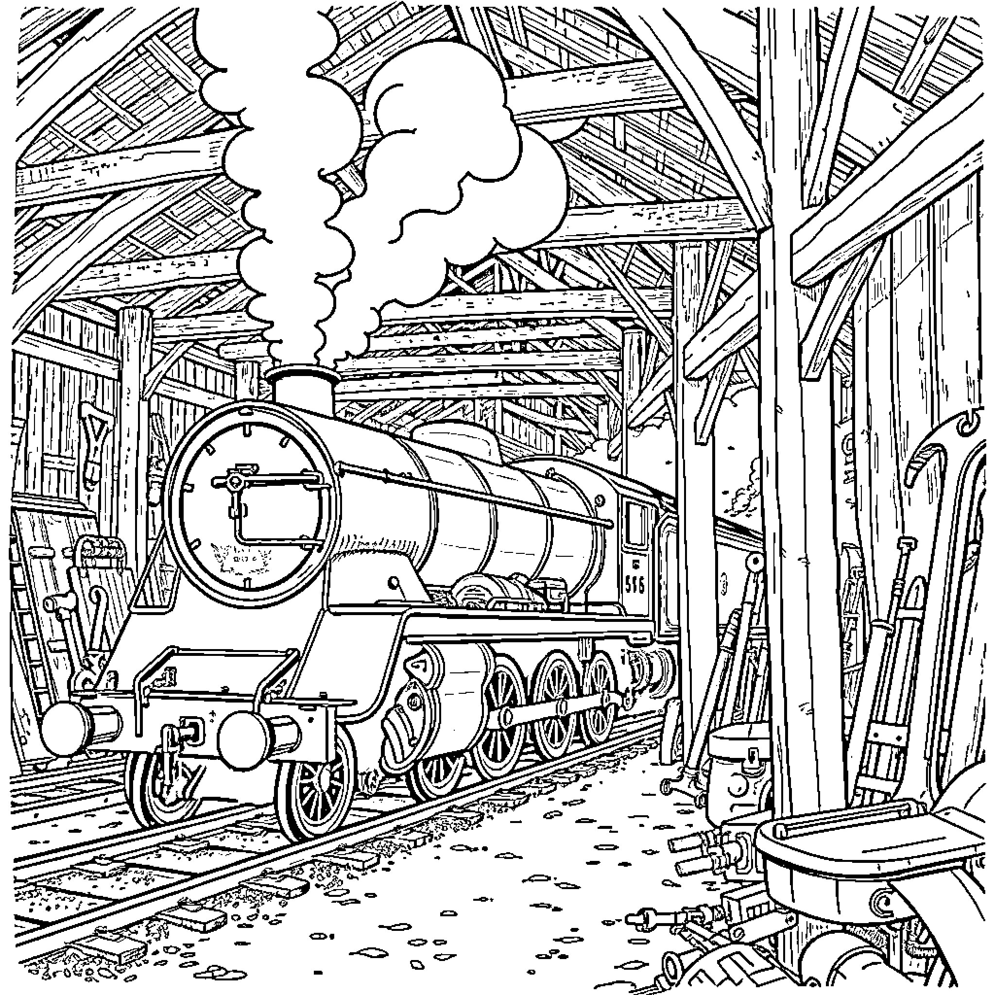 Flying Scotsman locomotive steams through a historic station Coloring Page (free black-and-white line drawing printable PDF for all, from beginners to advanced learners, including children, teens, adults, and seniors)
