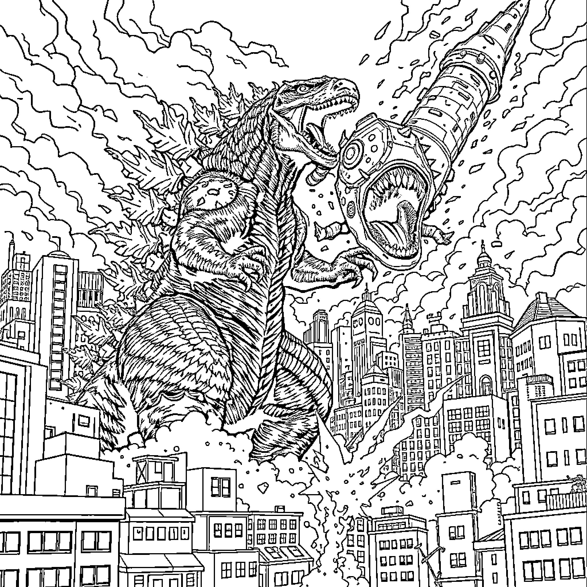 Godzilla rampaging through a city skyline Coloring Page (free black-and-white line drawing printable PDF for all, from beginners to advanced learners, including children, teens, adults, and seniors)