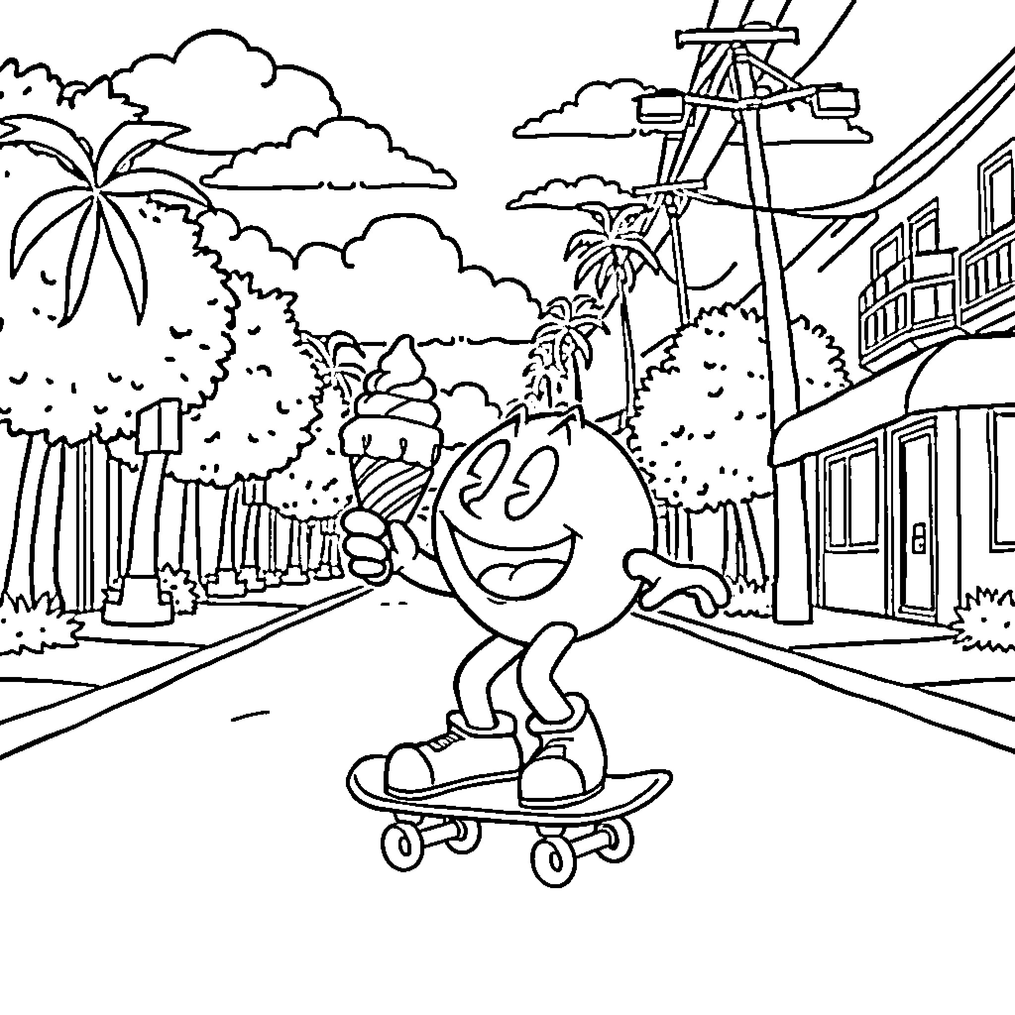 Pacman skateboarding through a lively city scene Coloring Page (free black-and-white line drawing printable PDF for all, from beginners to advanced learners, including children, teens, adults, and seniors)