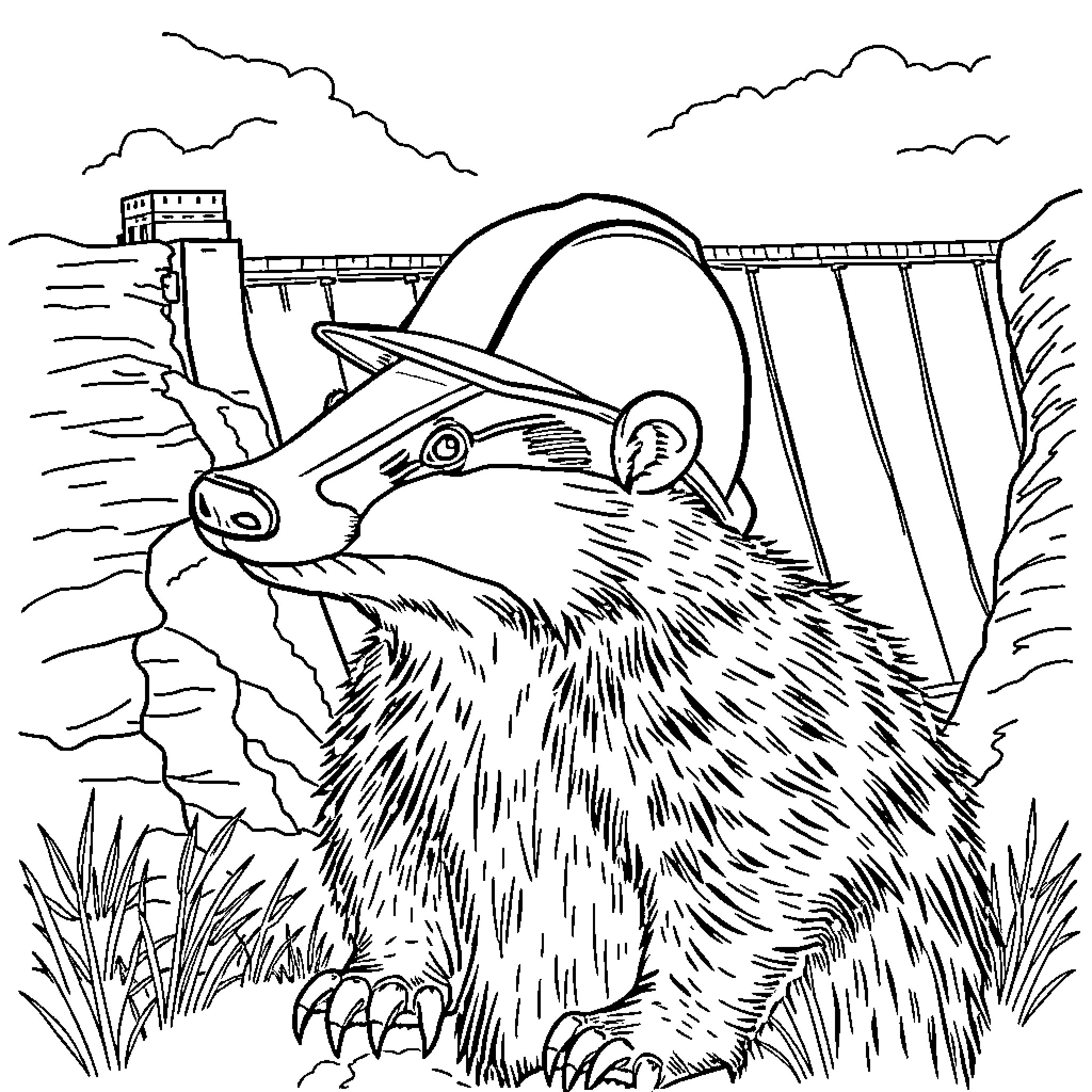 Honey Badger exploring rocky landscape with dam Coloring Page (free black-and-white line drawing printable PDF for all, from beginners to advanced learners, including children, teens, adults, and seniors)