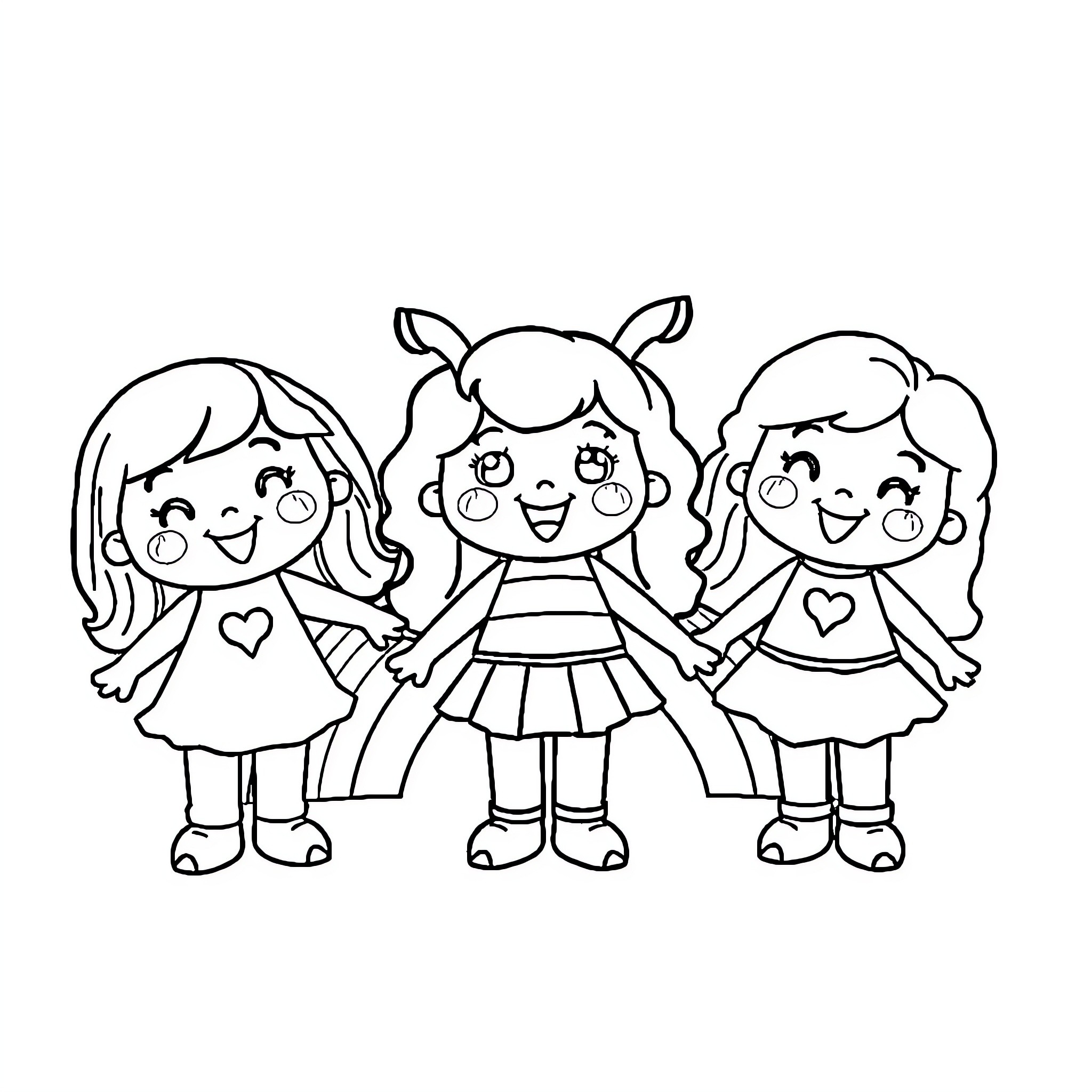 Rainbow Friend Enjoying Playtime with Friends Coloring Page (free black-and-white line drawing printable PDF for all, from beginners to advanced learners, including children, teens, adults, and seniors)