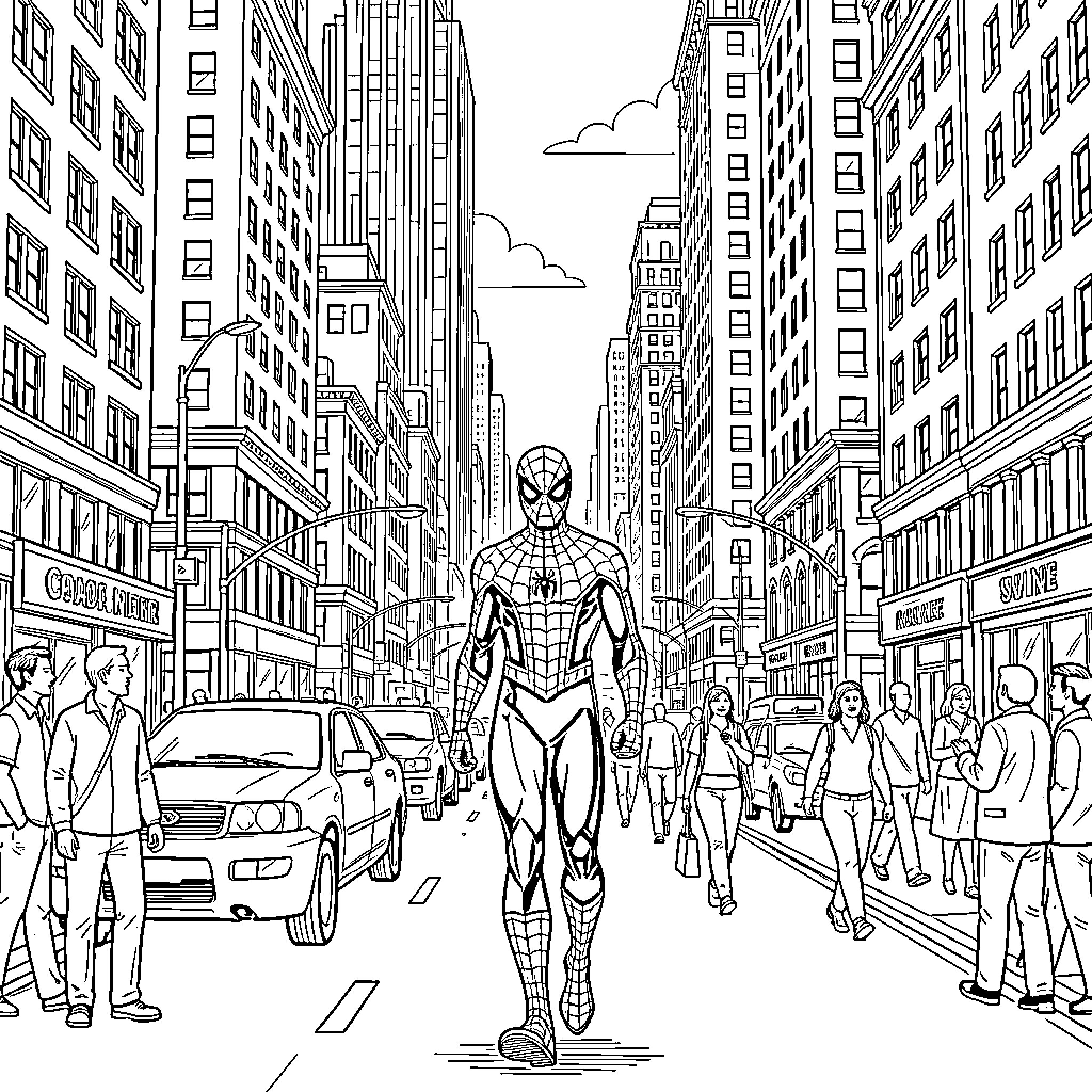 Spiderman walking confidently through a busy city street Coloring Page (free black-and-white line drawing printable PDF for all, from beginners to advanced learners, including children, teens, adults, and seniors)