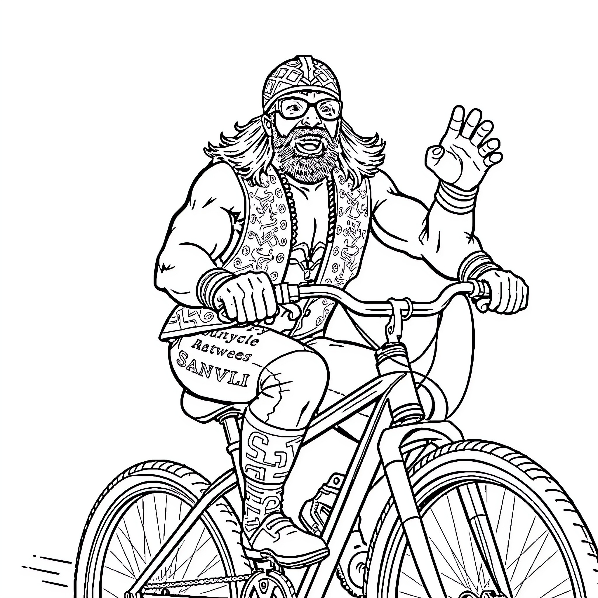 Macho Man Riding Bicycle with Exuberant Expression Coloring Page (free black-and-white line drawing printable PDF for all, from beginners to advanced learners, including children, teens, adults, and seniors)