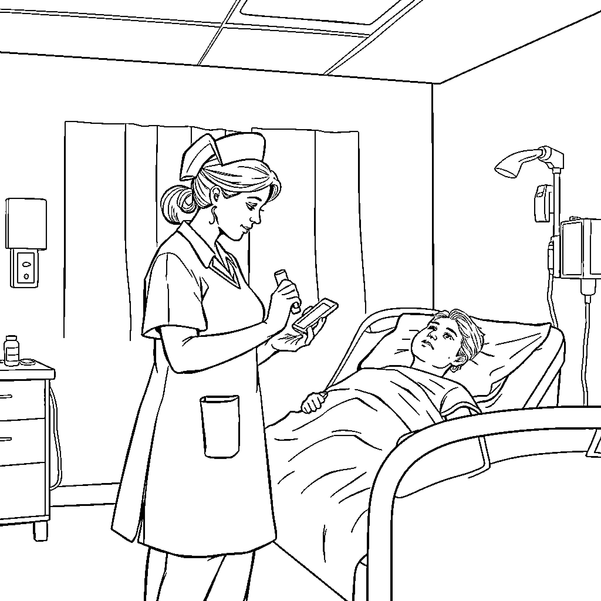 Nurse caring for patient in hospital room Coloring Page (free black-and-white line drawing printable PDF for all, from beginners to advanced learners, including children, teens, adults, and seniors)