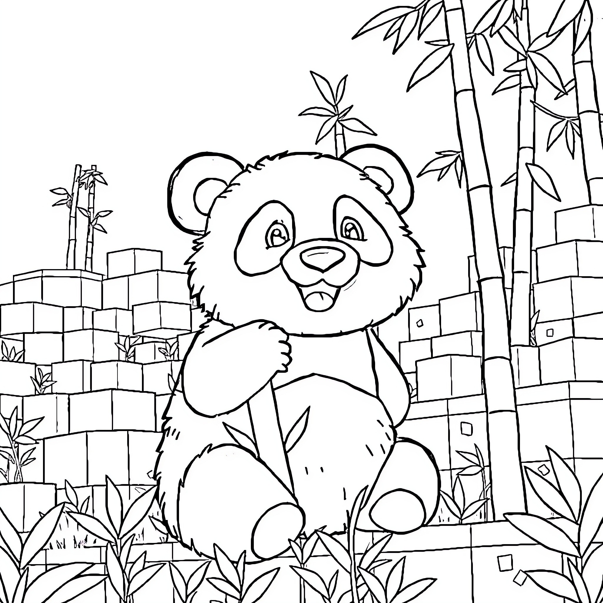 Panda exploring the bamboo forest Coloring Page (free black-and-white line drawing printable PDF for all, from beginners to advanced learners, including children, teens, adults, and seniors)