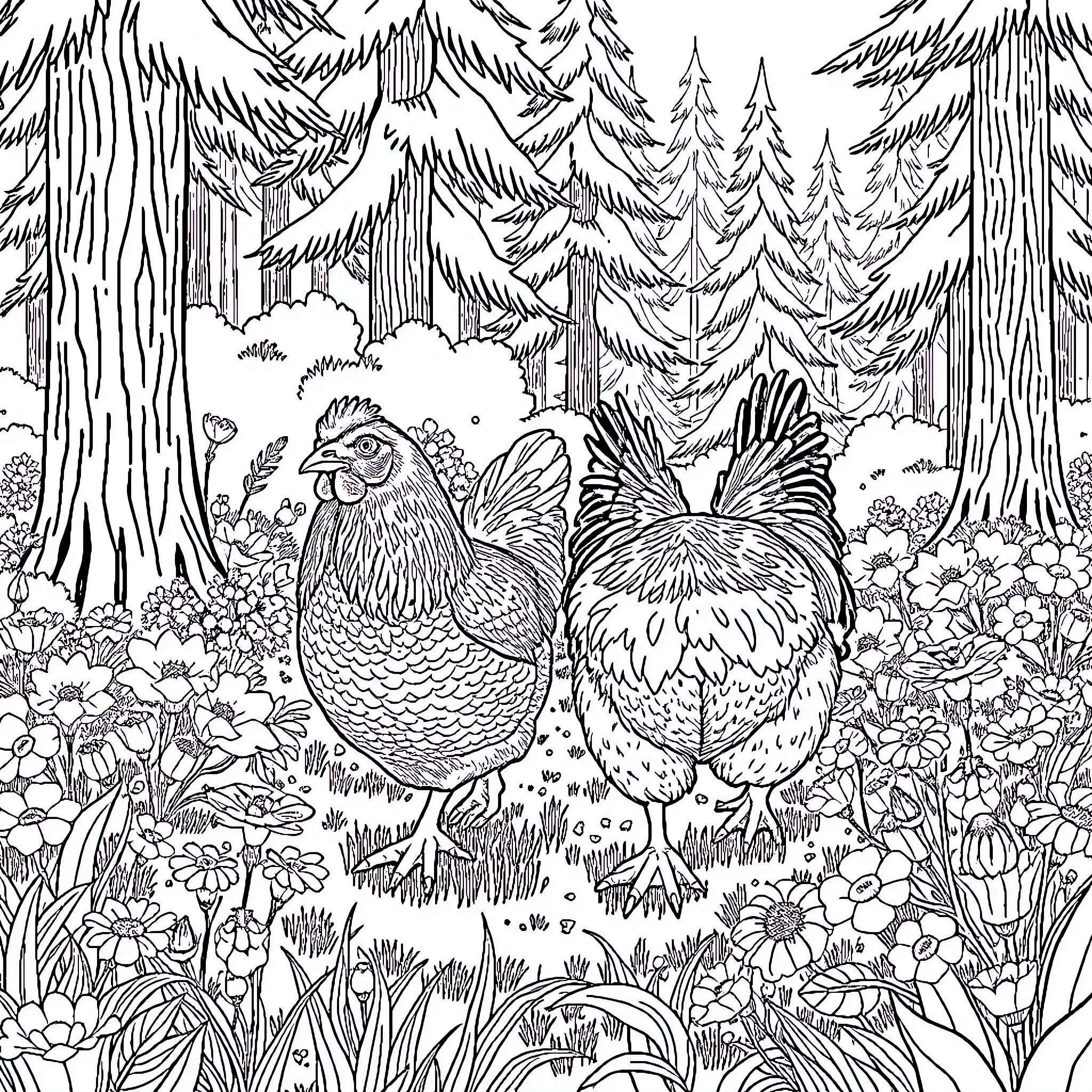 Orpington Chickens in Lush Forest Setting Coloring Page (free black-and-white line drawing printable PDF for all, from beginners to advanced learners, including children, teens, adults, and seniors)