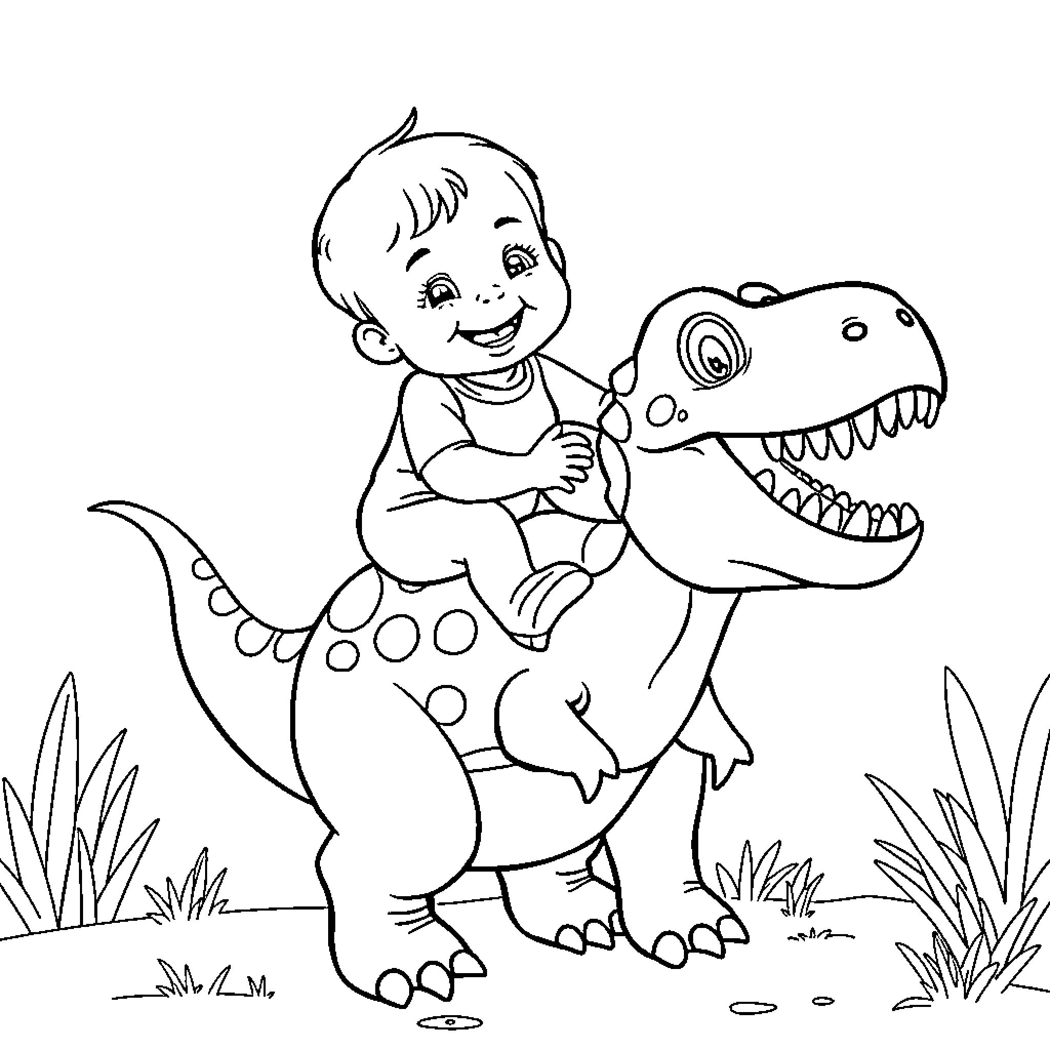 Baby playing joyfully with friendly dinosaur Coloring Page (free black-and-white line drawing printable PDF for all, from beginners to advanced learners, including children, teens, adults, and seniors)