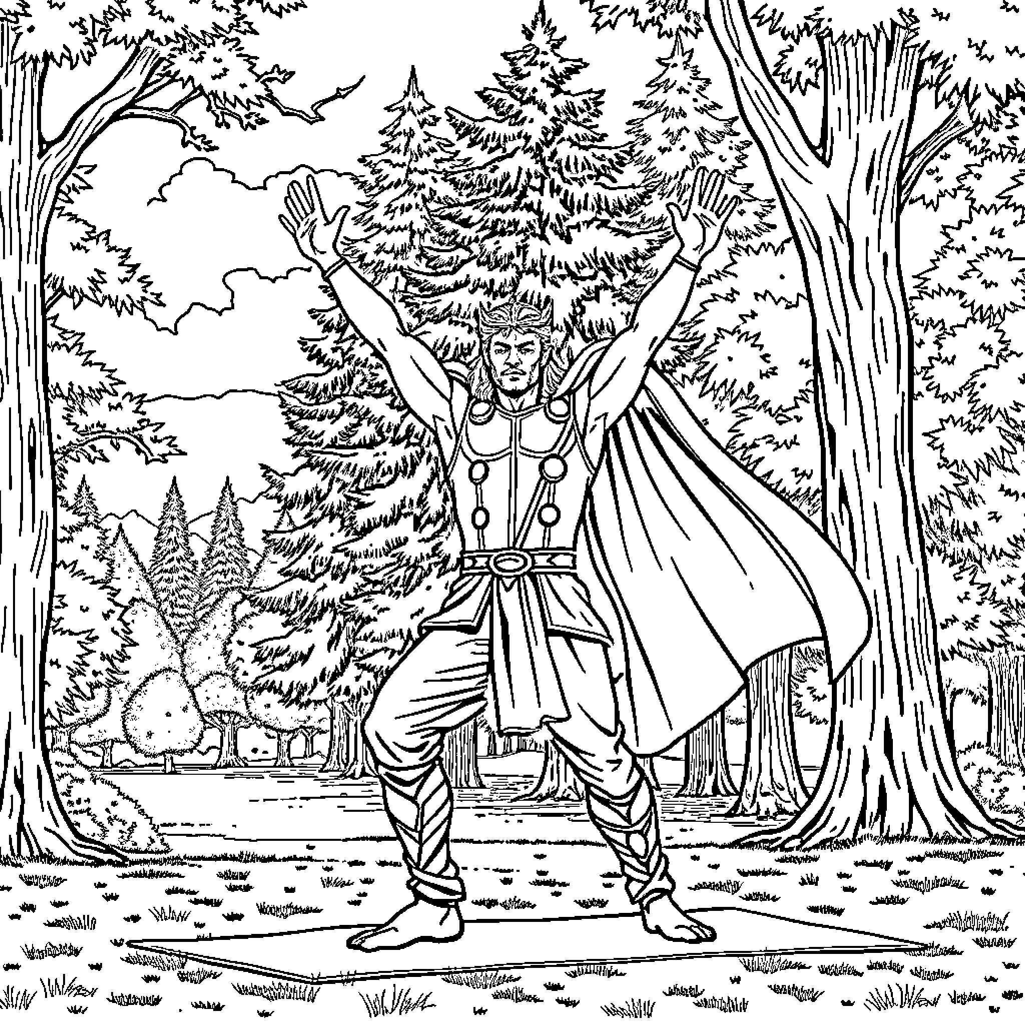 Thor in victorious pose in the forest Coloring Page (free black-and-white line drawing printable PDF for all, from beginners to advanced learners, including children, teens, adults, and seniors)