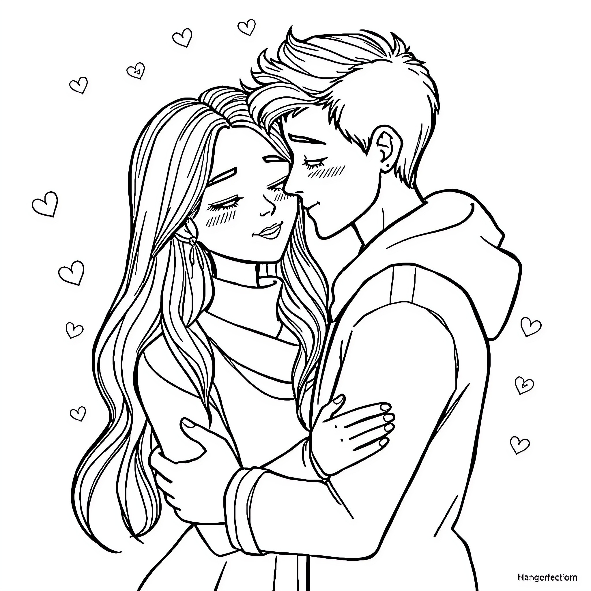 Love in Embrace: Tender Moment Coloring Page (free black-and-white line drawing printable PDF for all, from beginners to advanced learners, including children, teens, adults, and seniors)