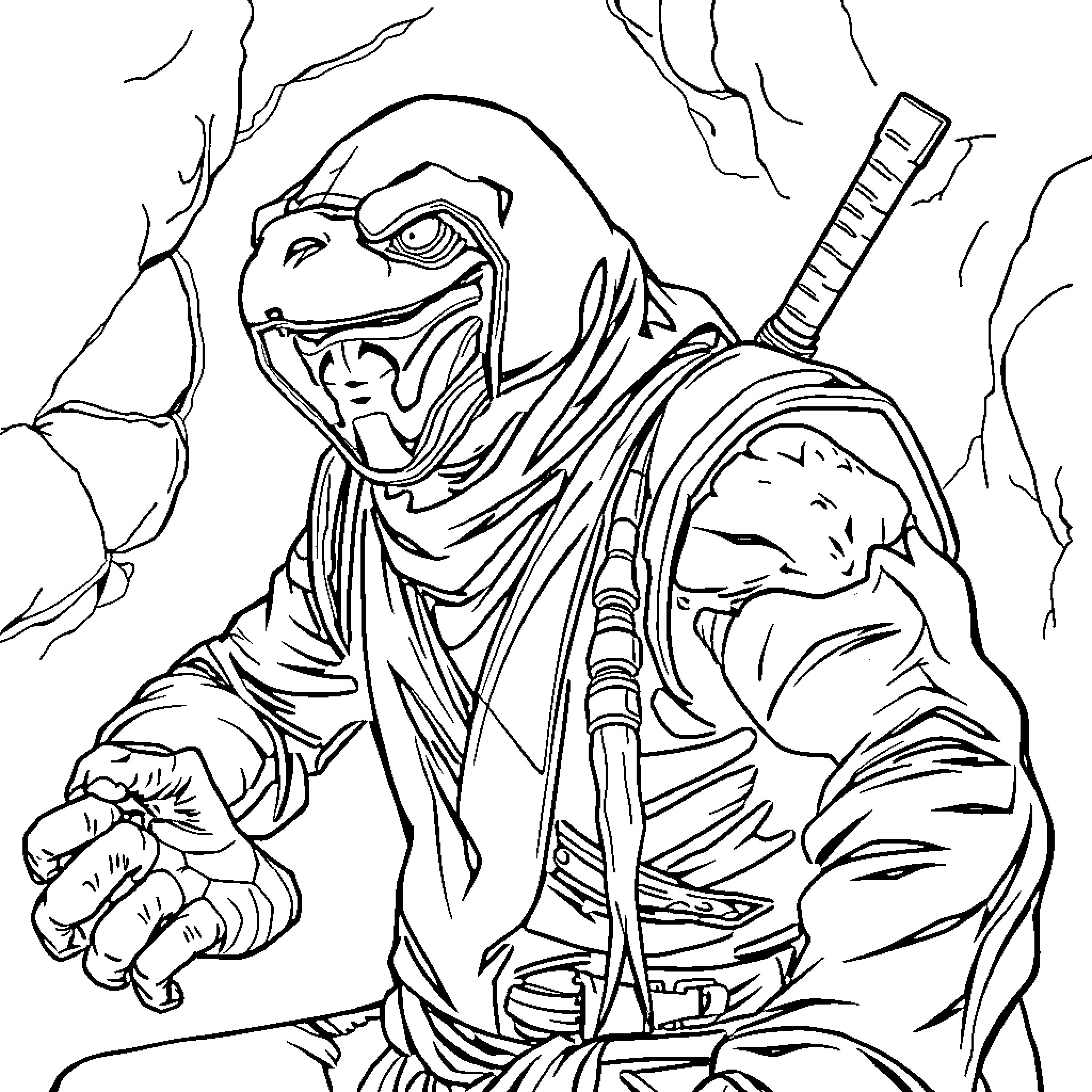 Reptile warrior brandishing sword in action pose Coloring Page (free black-and-white line drawing printable PDF for all, from beginners to advanced learners, including children, teens, adults, and seniors)