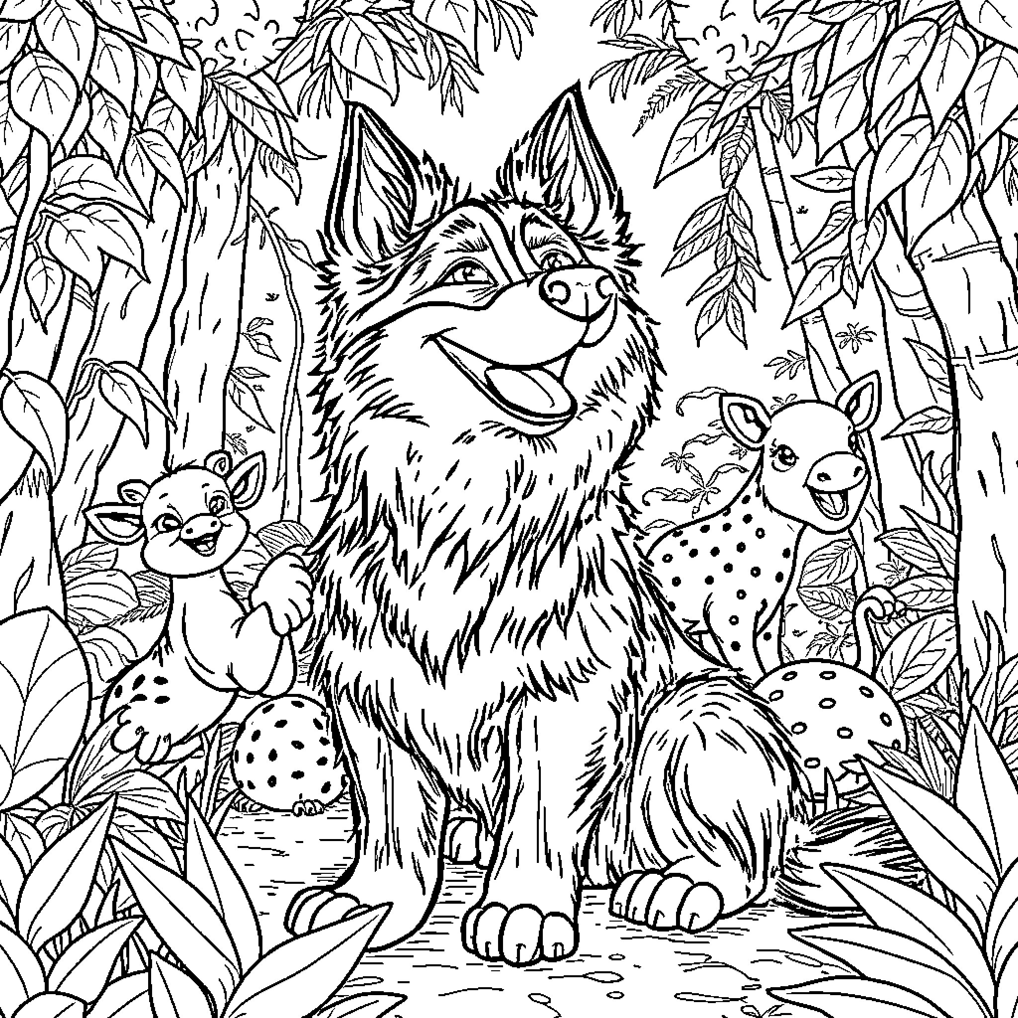 Perro jugando en el bosque con amigos Coloring Page (free black-and-white line drawing printable PDF for all, from beginners to advanced learners, including children, teens, adults, and seniors)