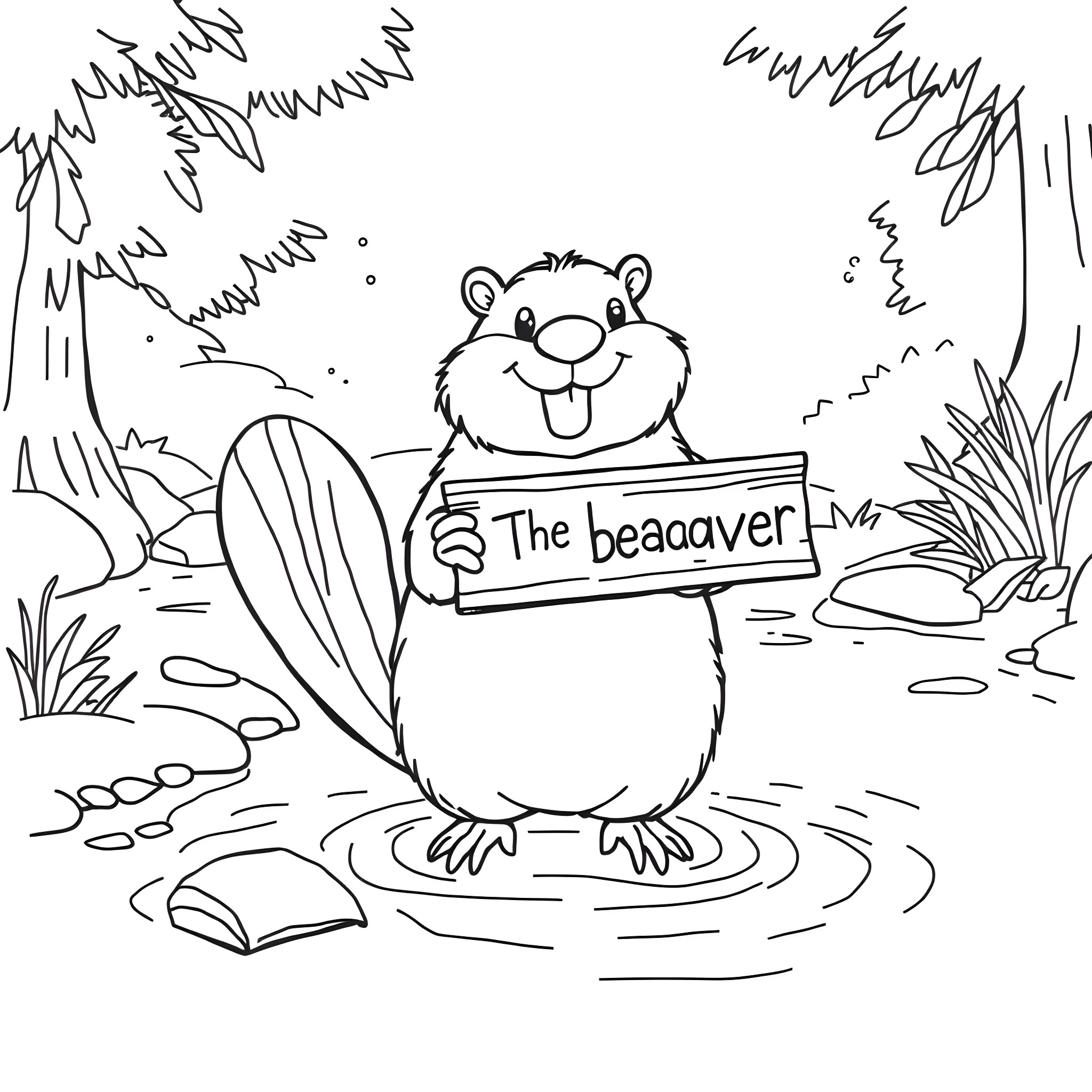 Beaver holding a sign in the forest Coloring Page (free black-and-white line drawing printable PDF for all, from beginners to advanced learners, including children, teens, adults, and seniors)