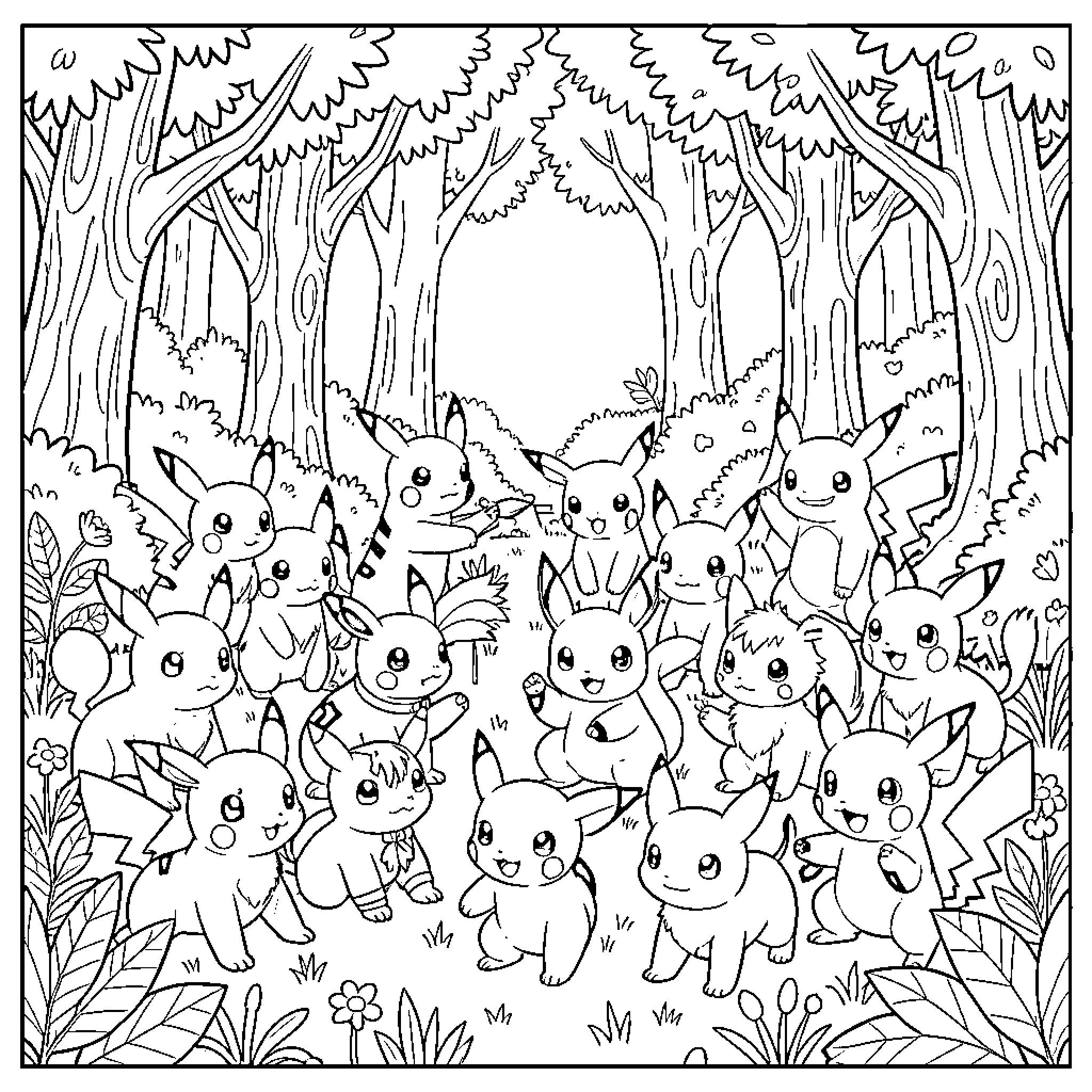 Pokémon Gathering in the Enchanted Forest Coloring Page (free black-and-white line drawing printable PDF for all, from beginners to advanced learners, including children, teens, adults, and seniors)