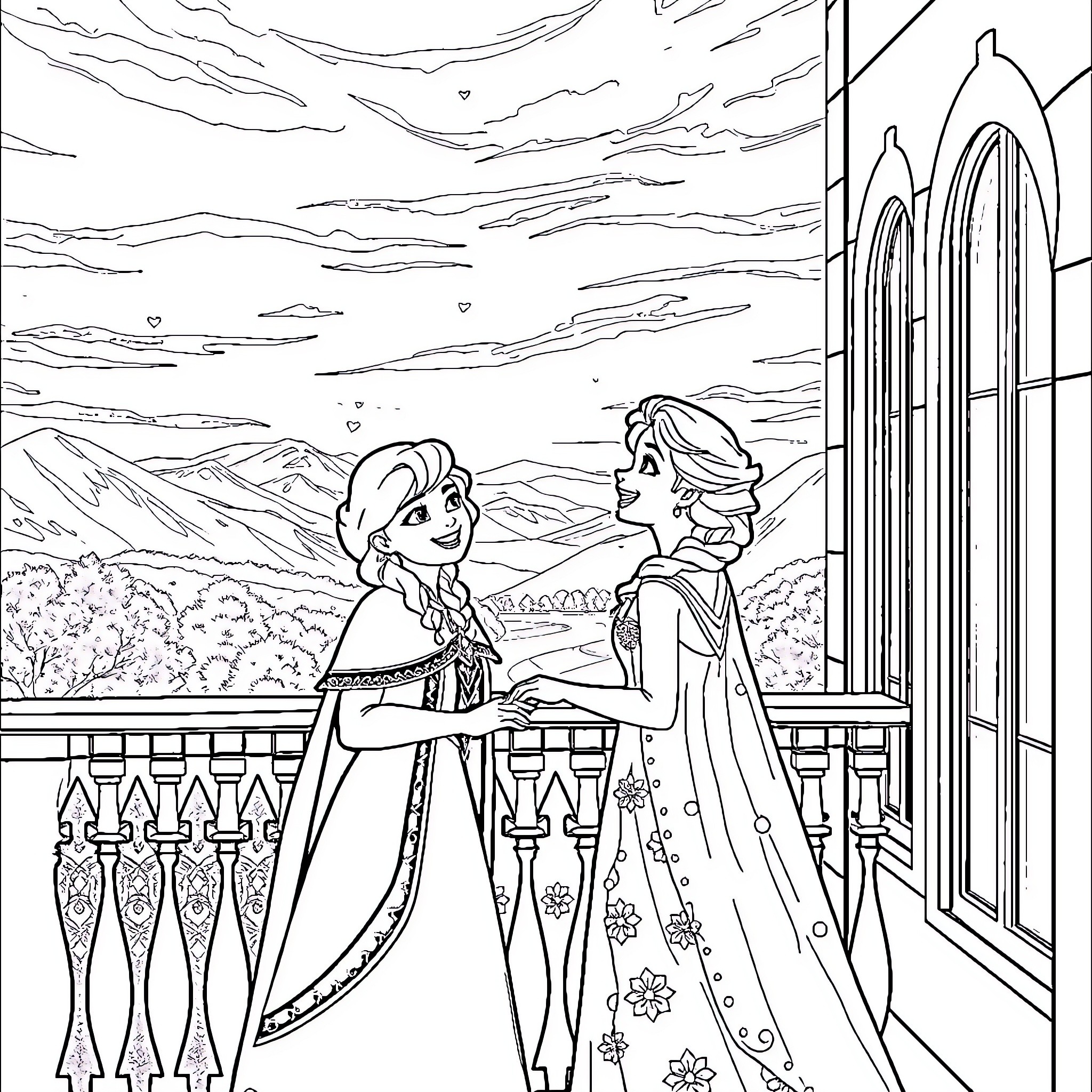Anna and Elsa enjoying the view from the castle balcony Coloring Page (free black-and-white line drawing printable PDF for all, from beginners to advanced learners, including children, teens, adults, and seniors)