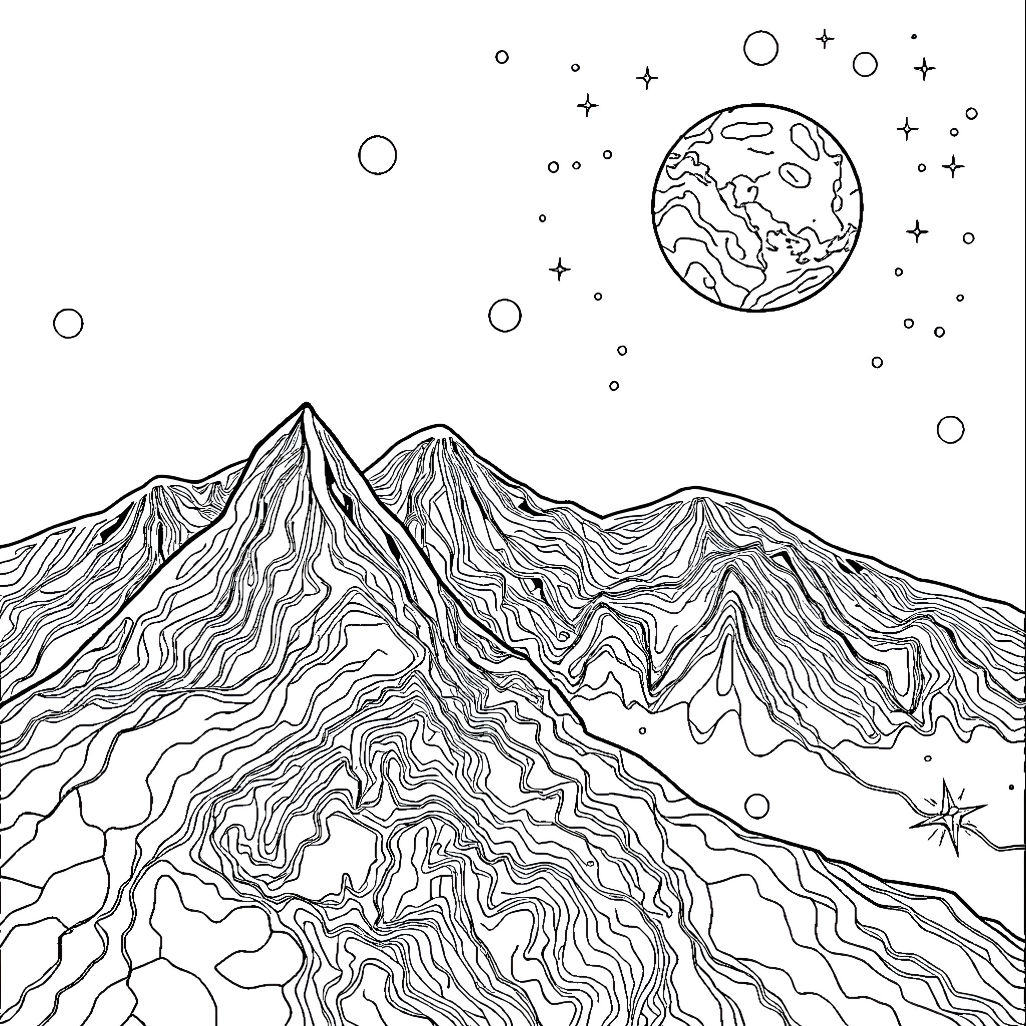 Spatial Orientation Exercises: Mountainous Landscape Under Night Sky Coloring Page (free black-and-white line drawing printable PDF for all, from beginners to advanced learners, including children, teens, adults, and seniors)