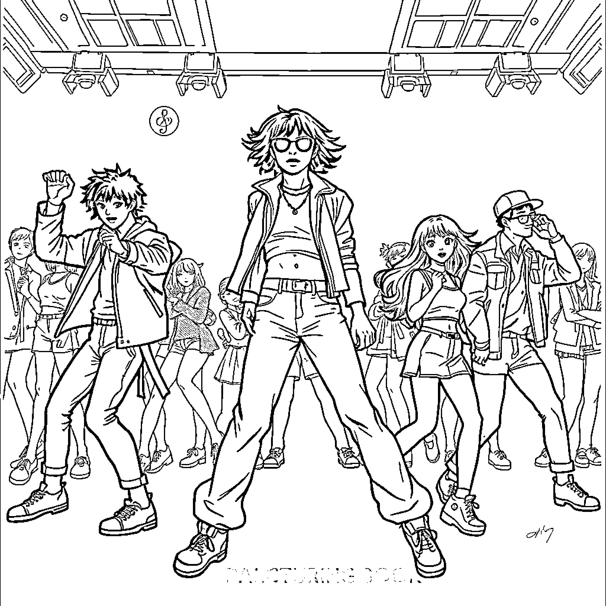 K Pop Crew Strikes a Confident Pose Coloring Page (free black-and-white line drawing printable PDF for all, from beginners to advanced learners, including children, teens, adults, and seniors)