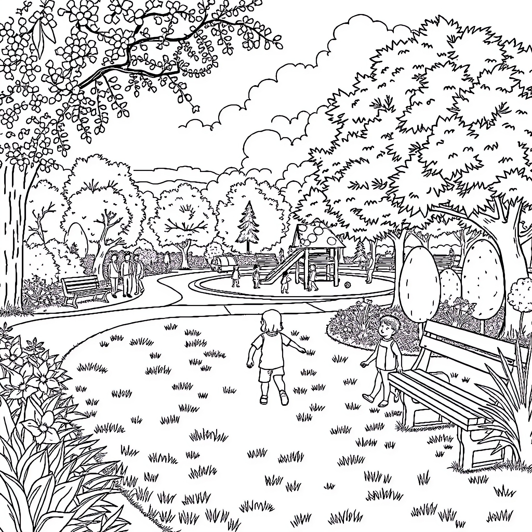 Garden with children playing in the park Coloring Page (free black-and-white line drawing printable PDF for all, from beginners to advanced learners, including children, teens, adults, and seniors)