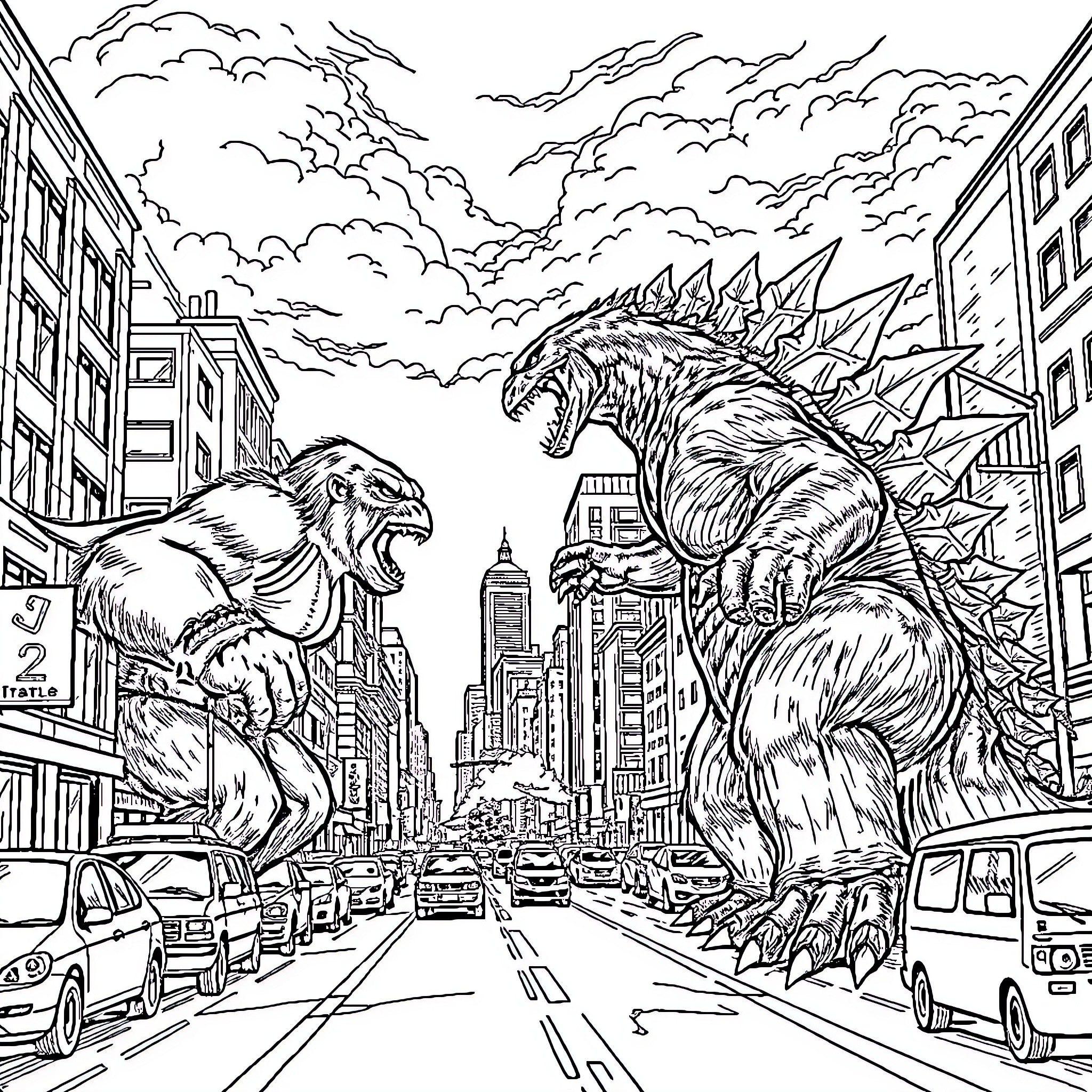 King Kong confronting giant monsters in the city Coloring Page (free black-and-white line drawing printable PDF for all, from beginners to advanced learners, including children, teens, adults, and seniors)