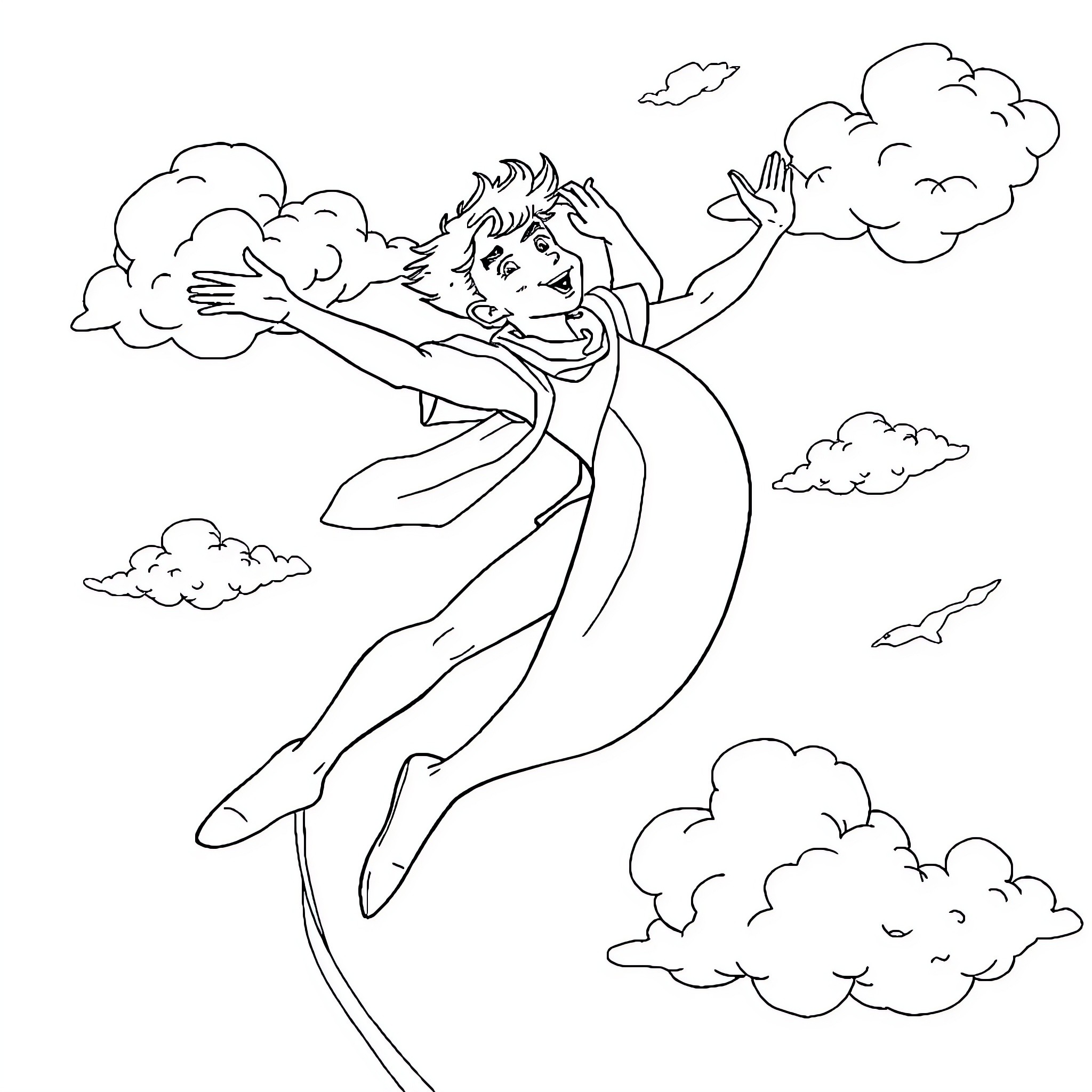 Cédric soaring through the clouds Coloring Page (free black-and-white line drawing printable PDF for all, from beginners to advanced learners, including children, teens, adults, and seniors)