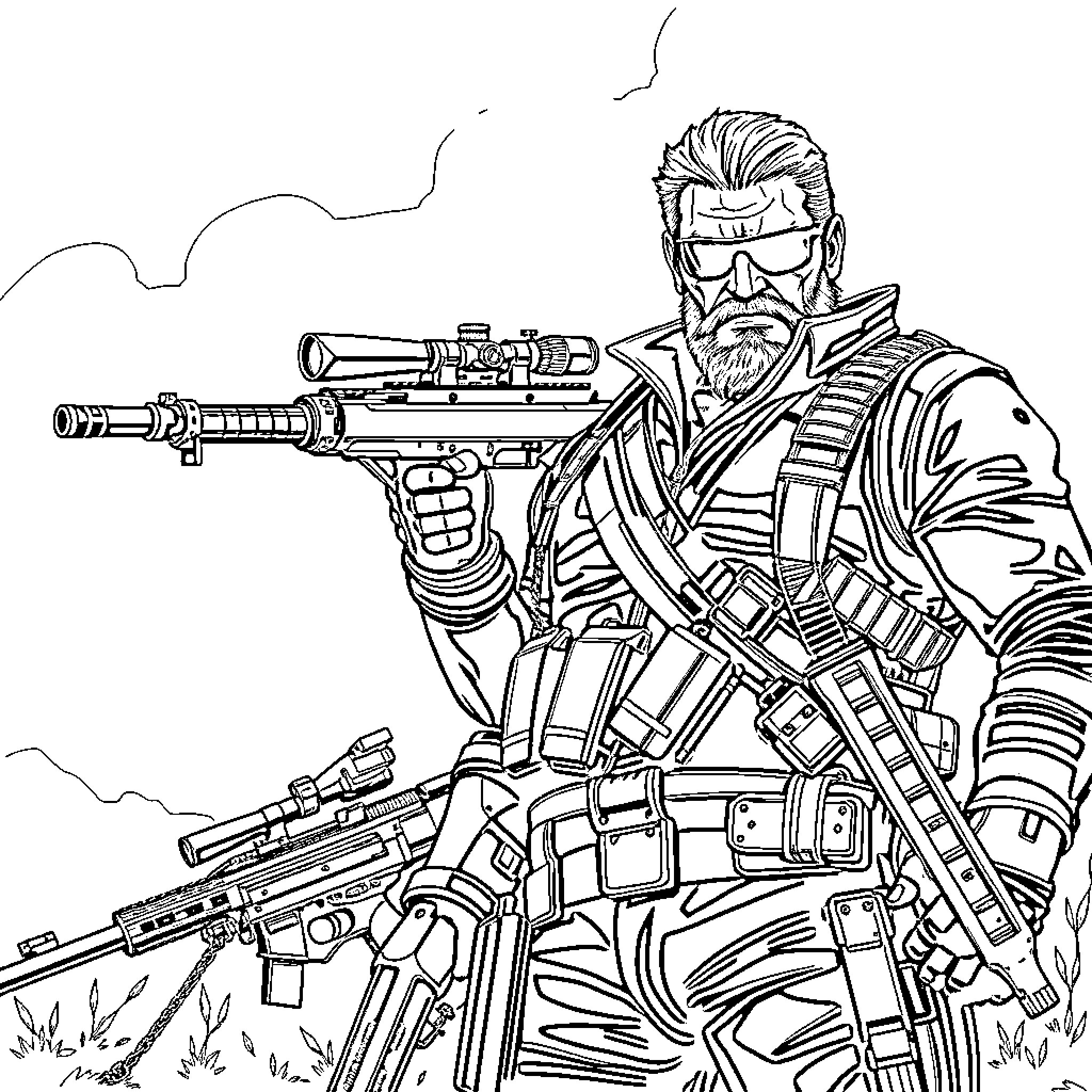 Boss armed mercenary in tactical gear Coloring Page (free black-and-white line drawing printable PDF for all, from beginners to advanced learners, including children, teens, adults, and seniors)