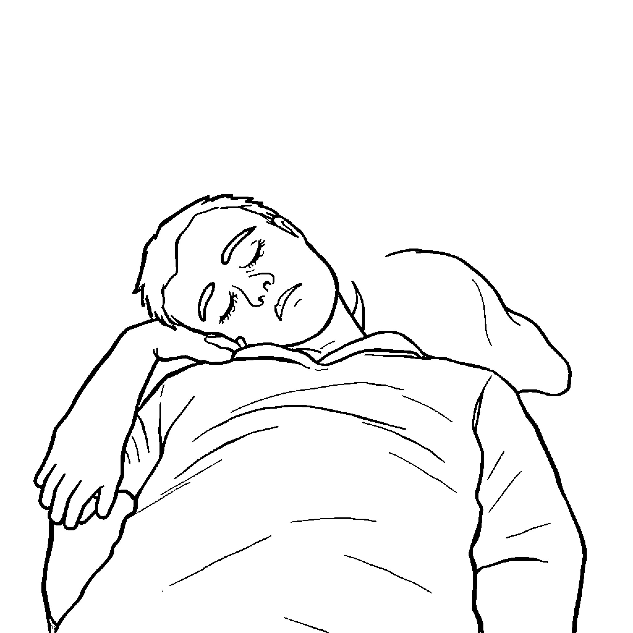 Die Sleeping Person Resting Quietly Coloring Page (free black-and-white line drawing printable PDF for all, from beginners to advanced learners, including children, teens, adults, and seniors)