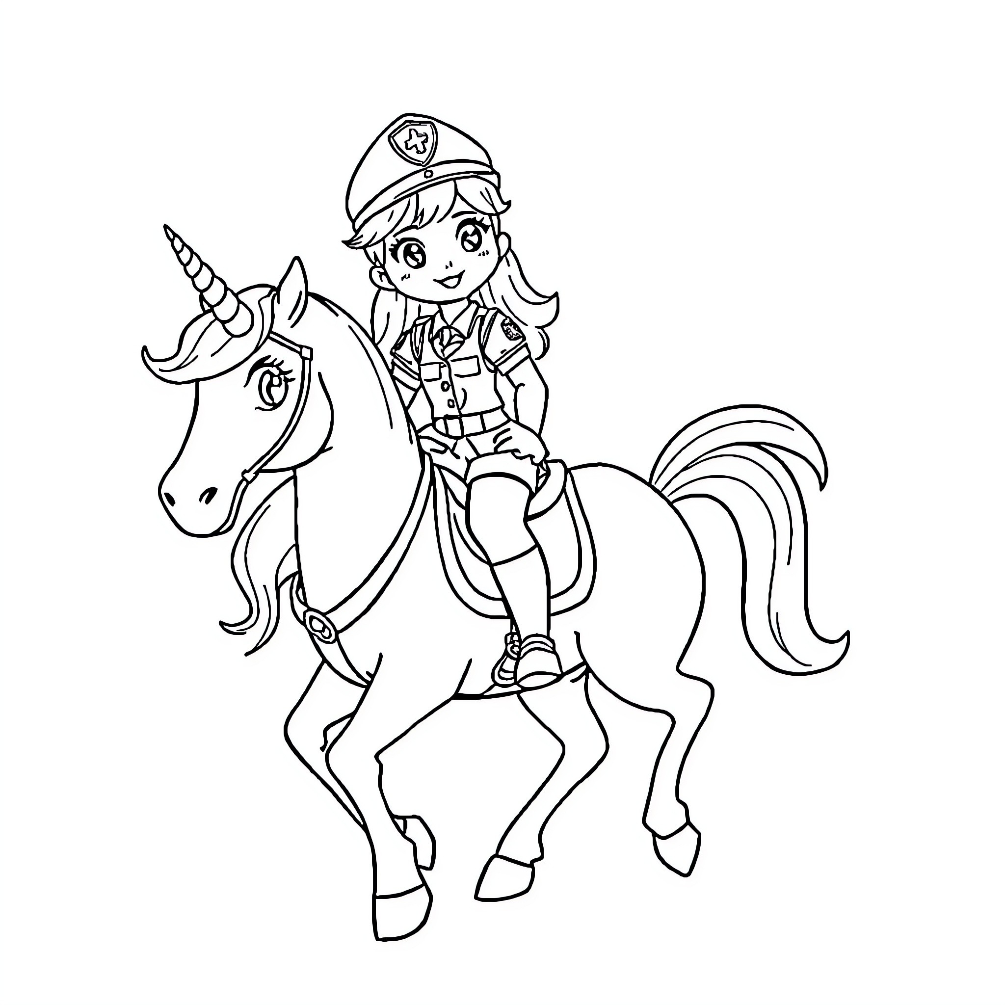 Unicorn Rider in Uniform Exploring the Countryside Coloring Page (free black-and-white line drawing printable PDF for all, from beginners to advanced learners, including children, teens, adults, and seniors)