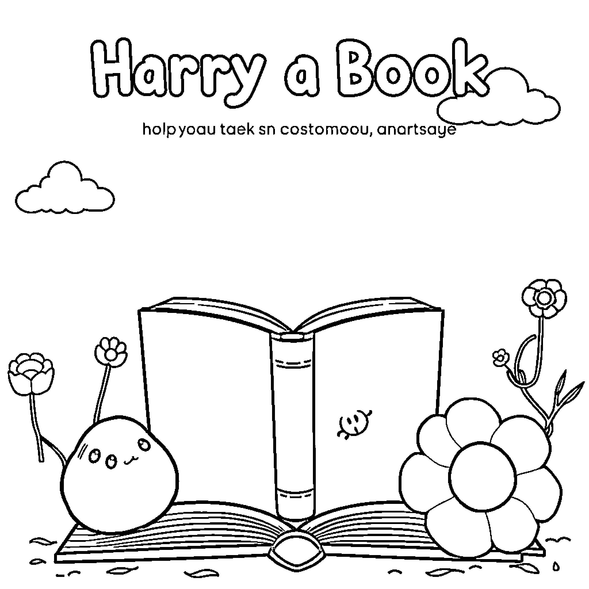 Book with whimsical characters and flowers Coloring Page (free black-and-white line drawing printable PDF for all, from beginners to advanced learners, including children, teens, adults, and seniors)