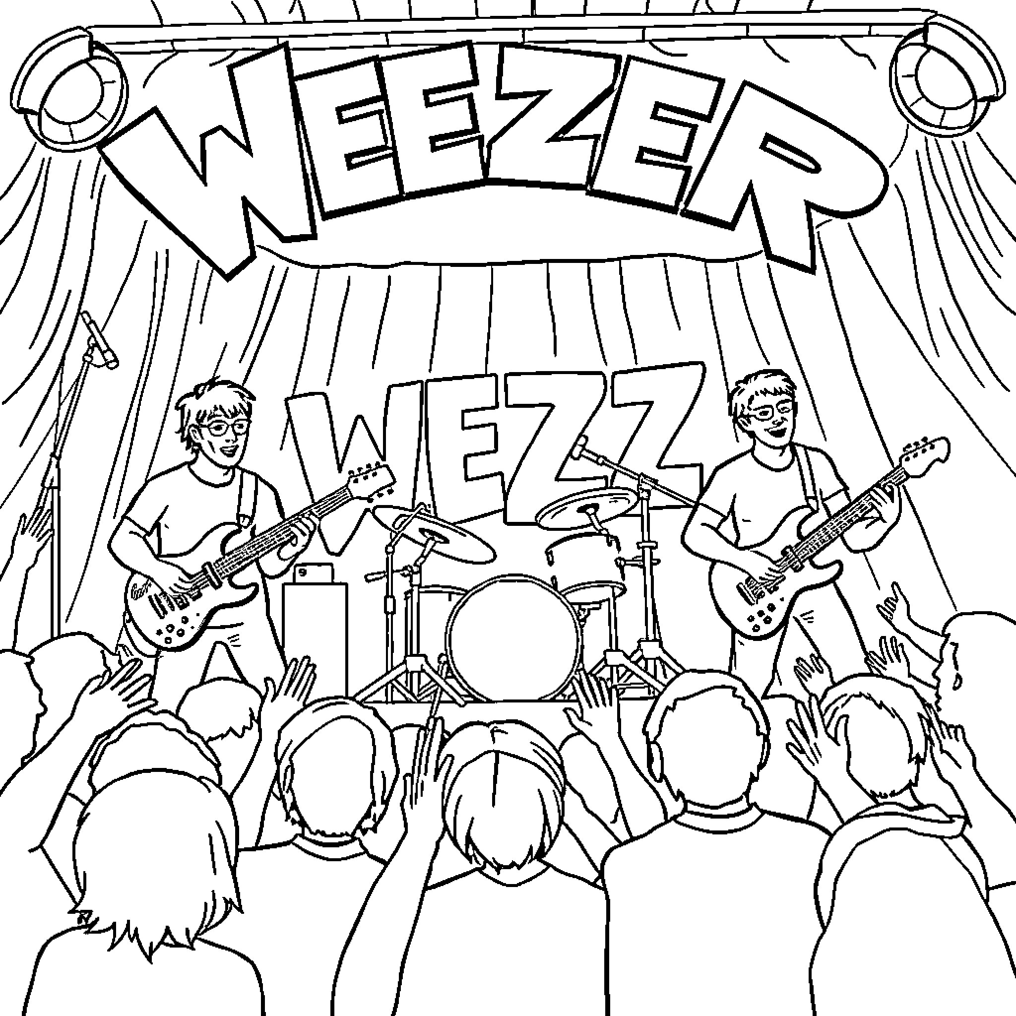 Weezer Band Performing Live on Stage Coloring Page (free black-and-white line drawing printable PDF for all, from beginners to advanced learners, including children, teens, adults, and seniors)