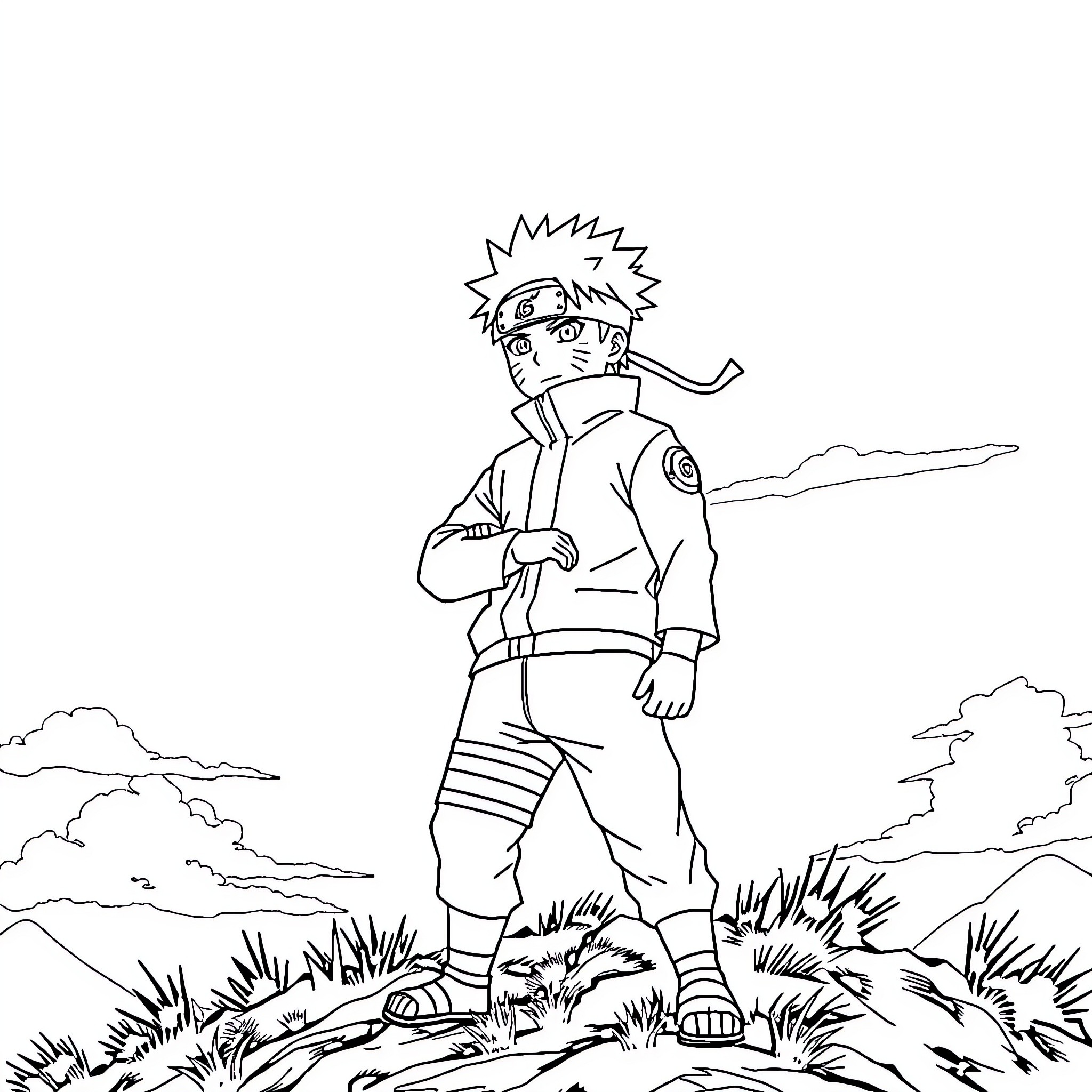 Naruto in a Ninja Landscape Coloring Page (free black-and-white line drawing printable PDF for all, from beginners to advanced learners, including children, teens, adults, and seniors)