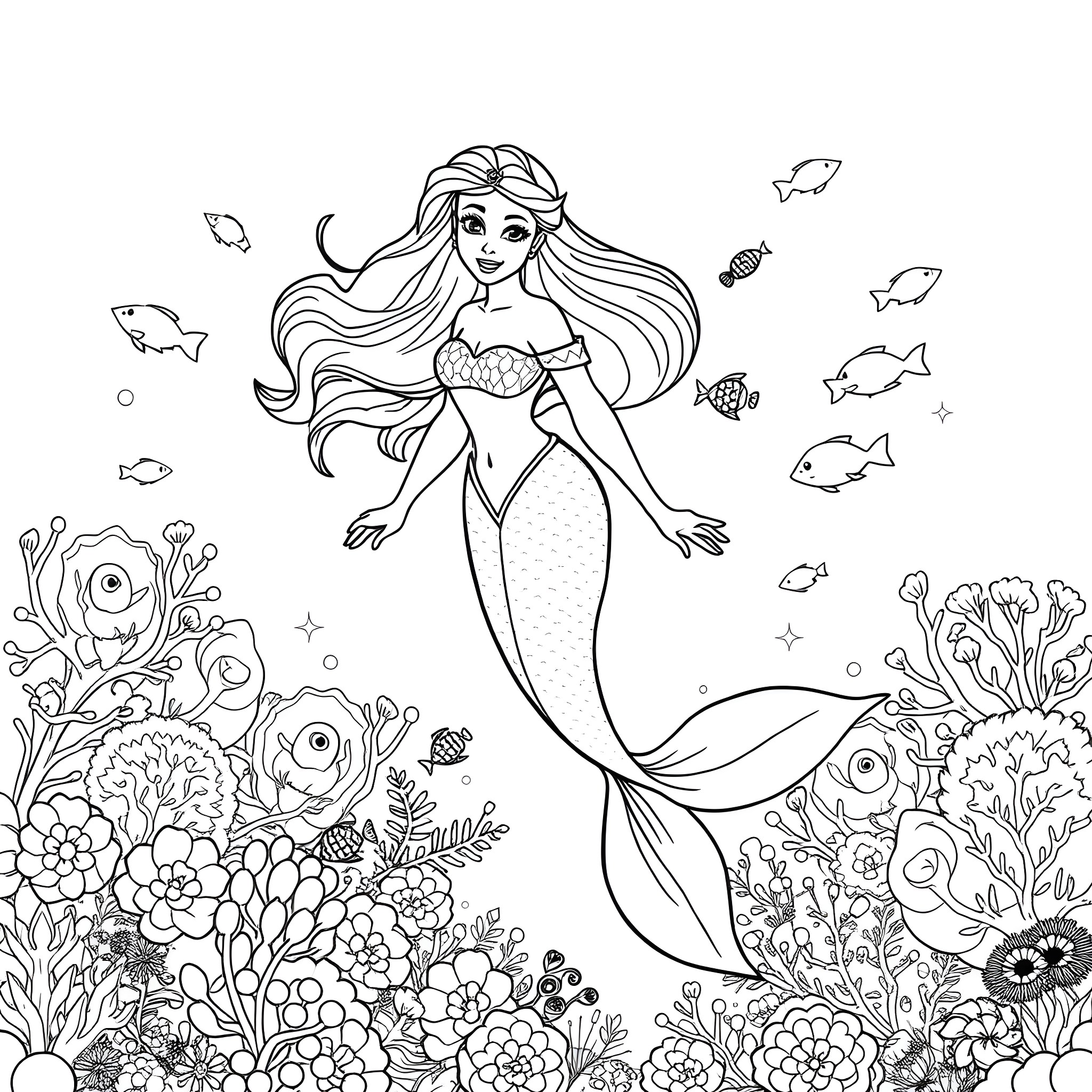 Belle the Mermaid Among the Underwater Flora and Fauna Coloring Page (free black-and-white line drawing printable PDF for all, from beginners to advanced learners, including children, teens, adults, and seniors)