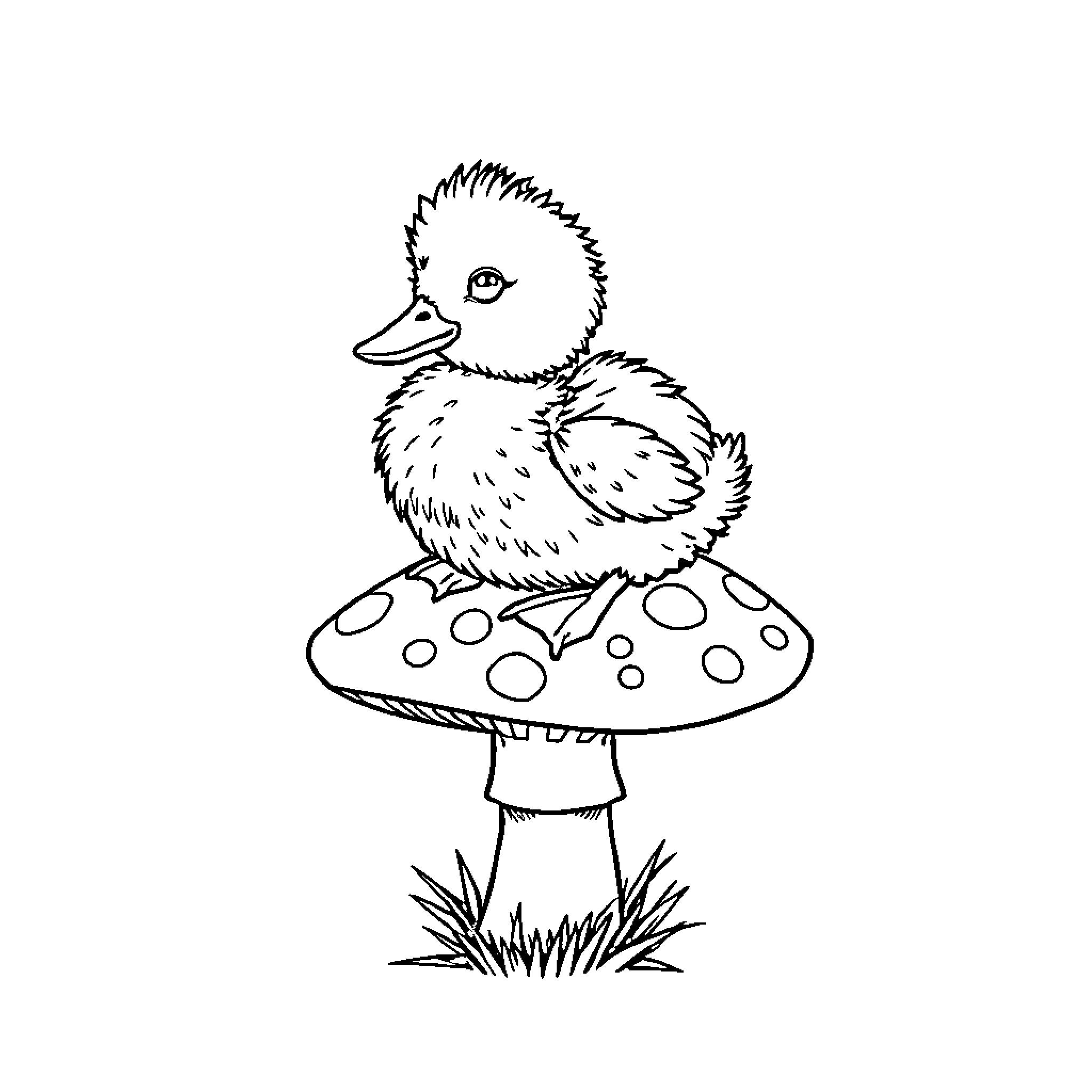Duck standing on a mushroom Coloring Page (free black-and-white line drawing printable PDF for all, from beginners to advanced learners, including children, teens, adults, and seniors)