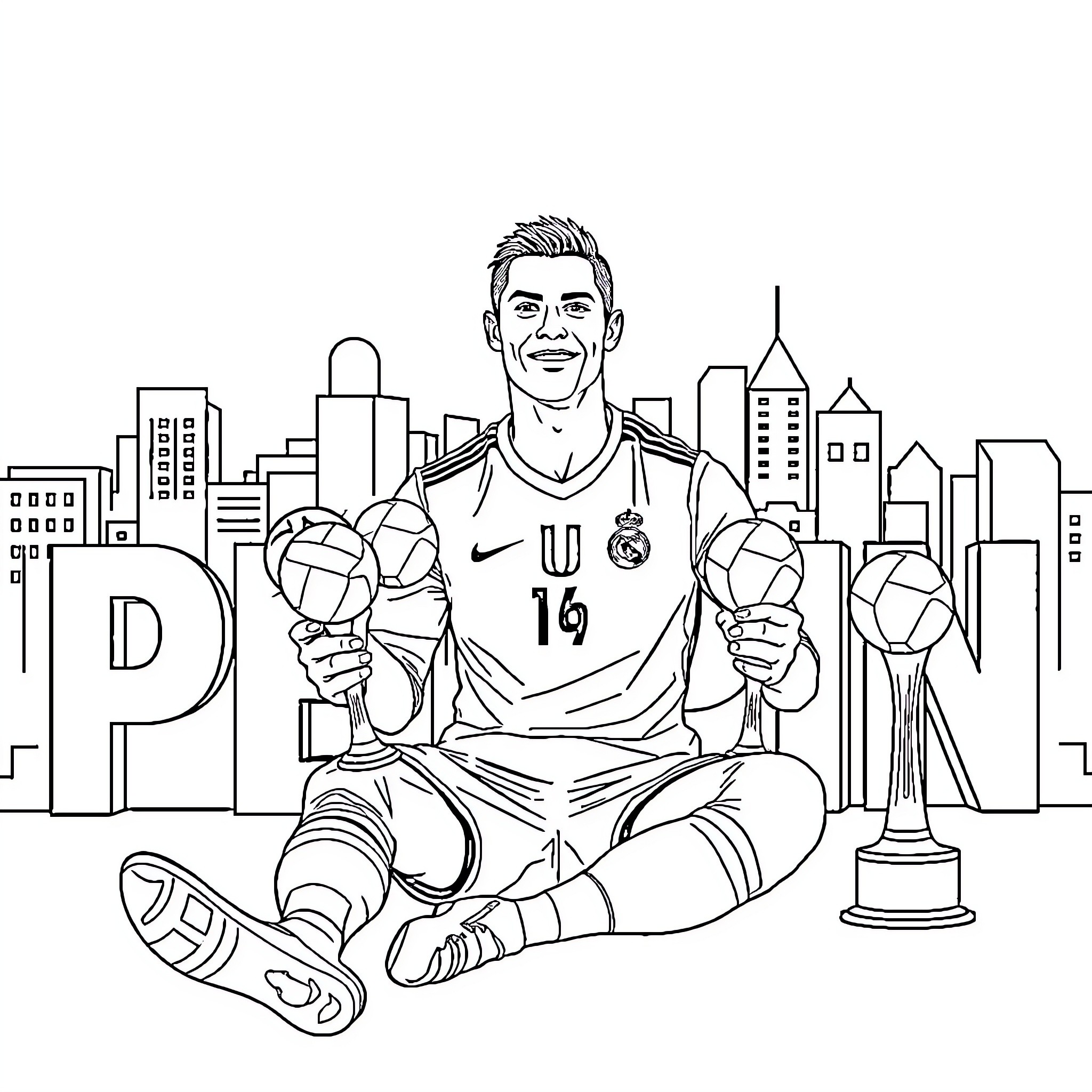 Cristiano Ronaldo Celebrating Football Achievements Coloring Page (free black-and-white line drawing printable PDF for all, from beginners to advanced learners, including children, teens, adults, and seniors)